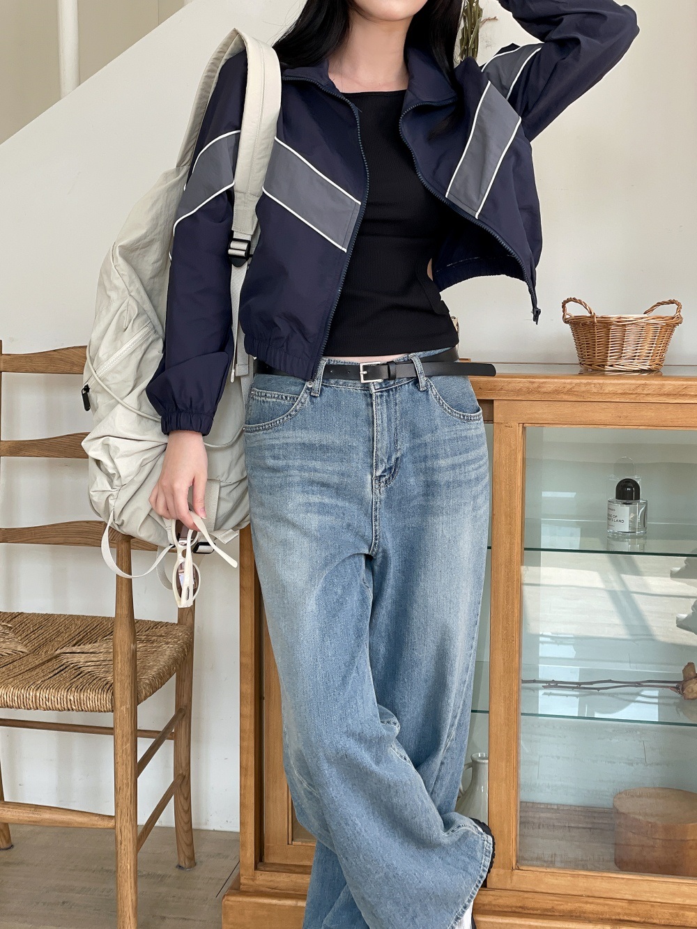 ジップアップハイネックゴムポケットクロップド長袖配色ラインジャンパー | 詳細画像8