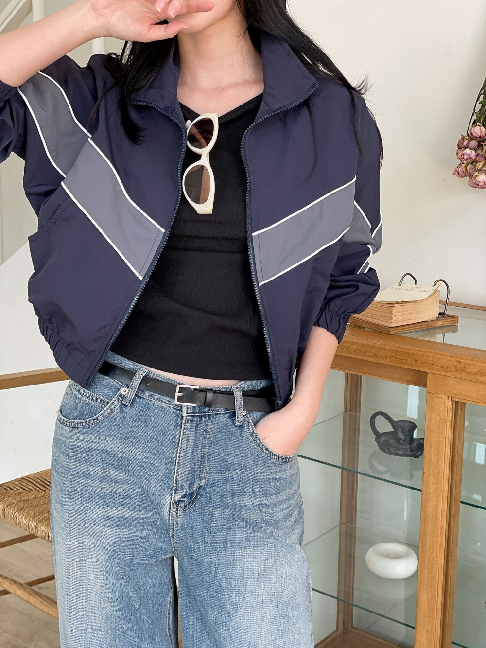 ジップアップハイネックゴムポケットクロップド長袖配色ラインジャンパー | 詳細画像11