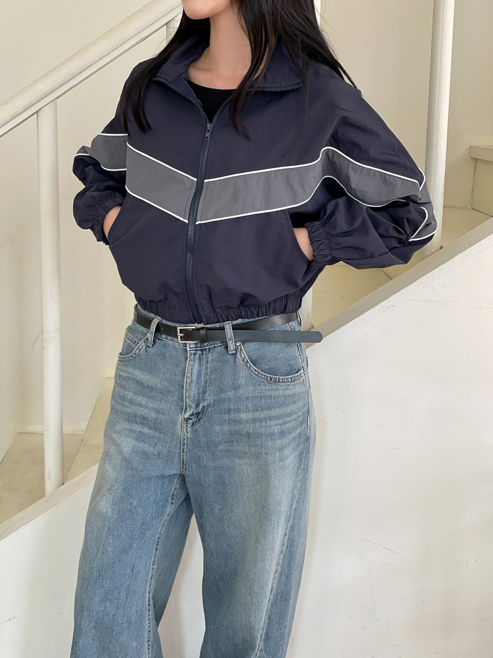 ジップアップハイネックゴムポケットクロップド長袖配色ラインジャンパー | 詳細画像13