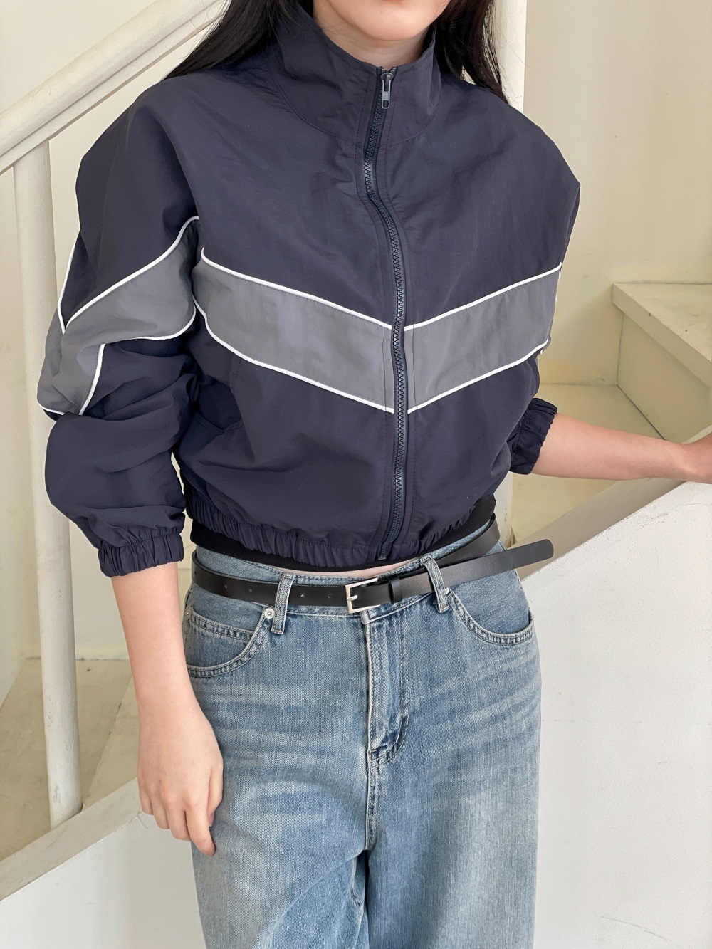 ジップアップハイネックゴムポケットクロップド長袖配色ラインジャンパー | 詳細画像14