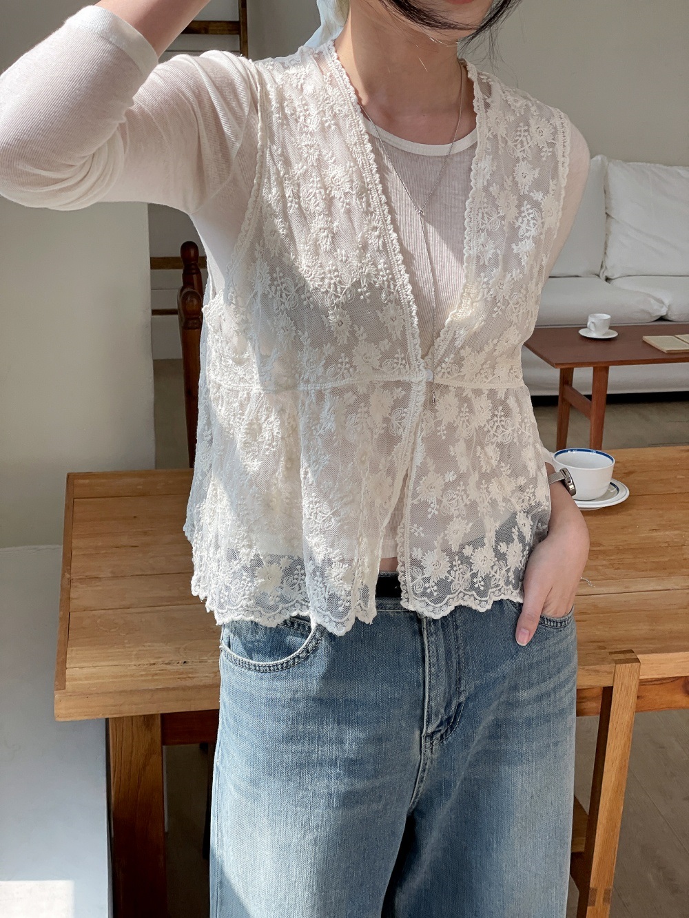 シースルーボタンVネックベスト | 詳細画像14