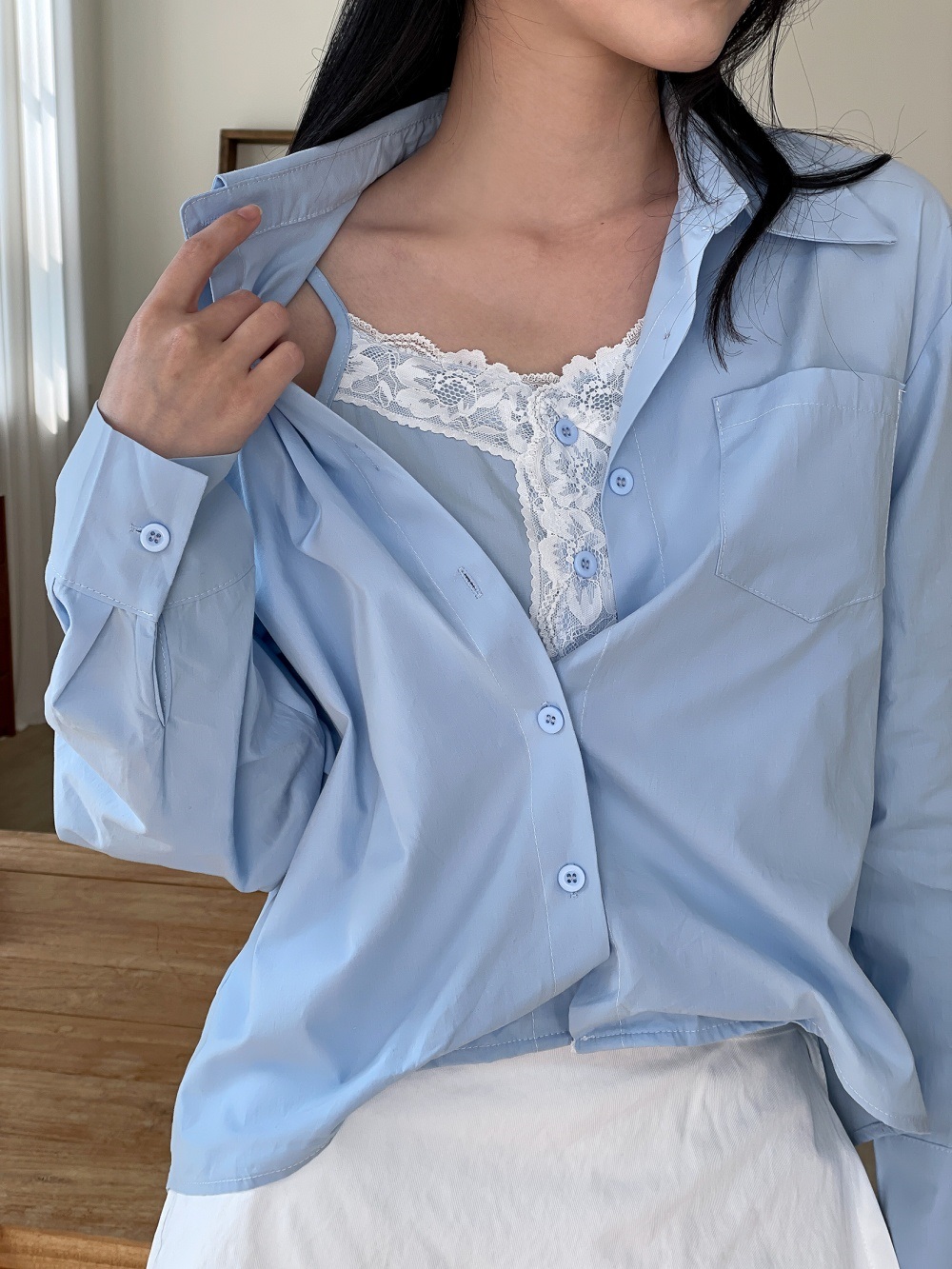 レースボタンベーシック長袖ブラウス | 詳細画像7