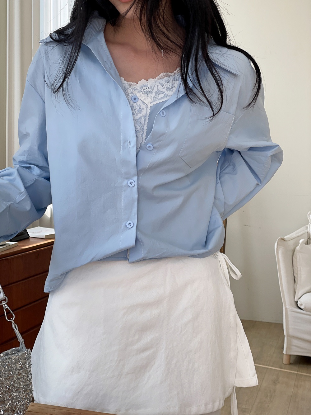 レースボタンベーシック長袖ブラウス | 詳細画像12