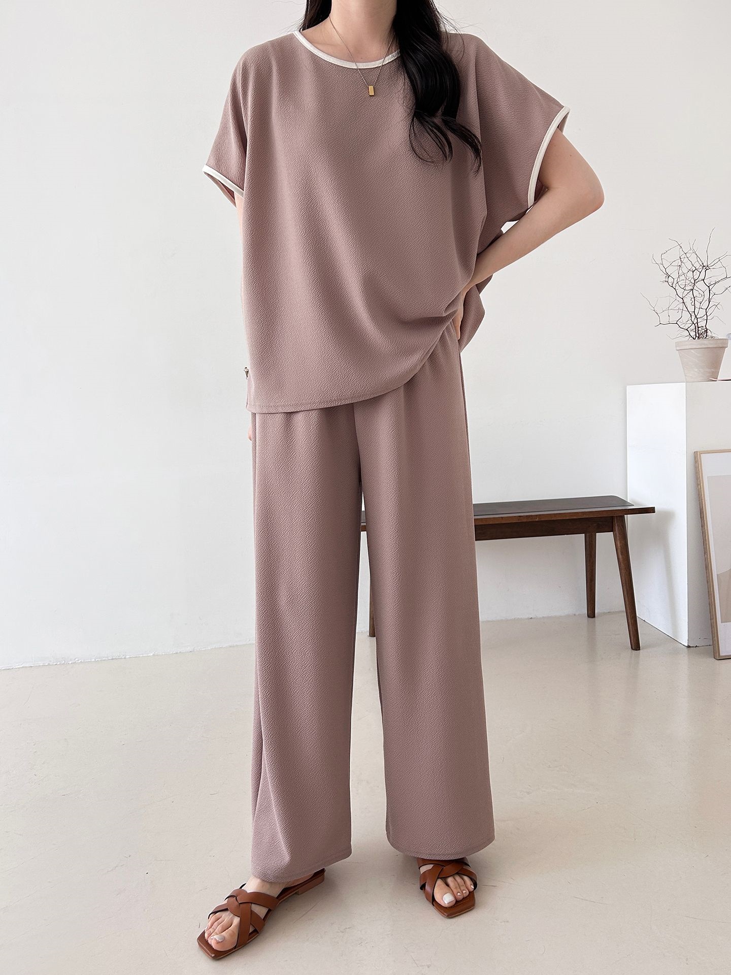 配色ラウンドネックベーシックウエストゴム半袖ワイドセットアップTシャツトレーニング | 詳細画像3