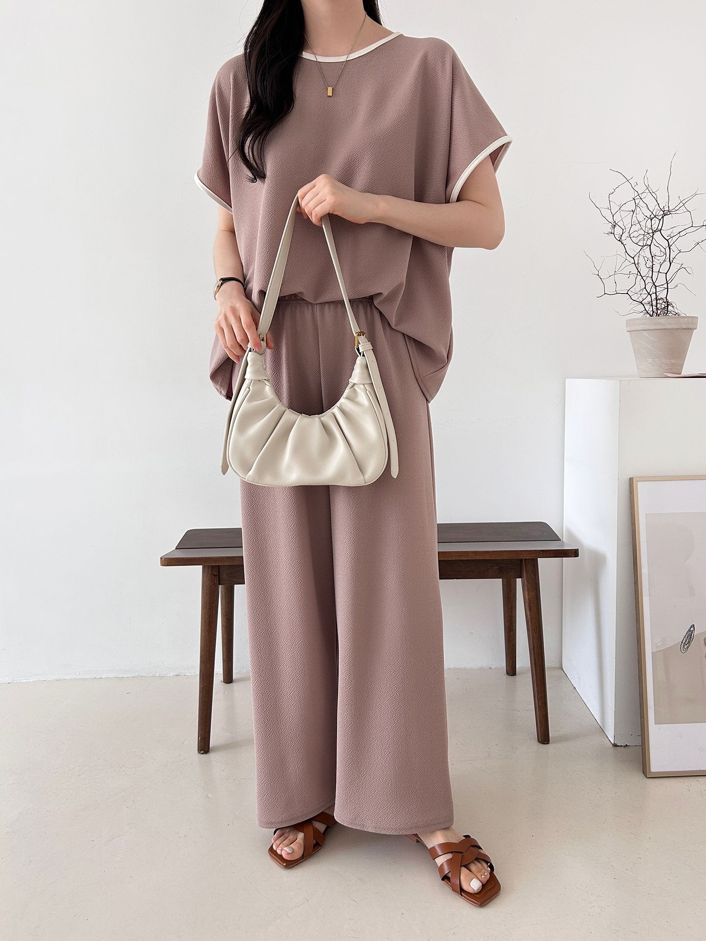 配色ラウンドネックベーシックウエストゴム半袖ワイドセットアップTシャツトレーニング | 詳細画像5