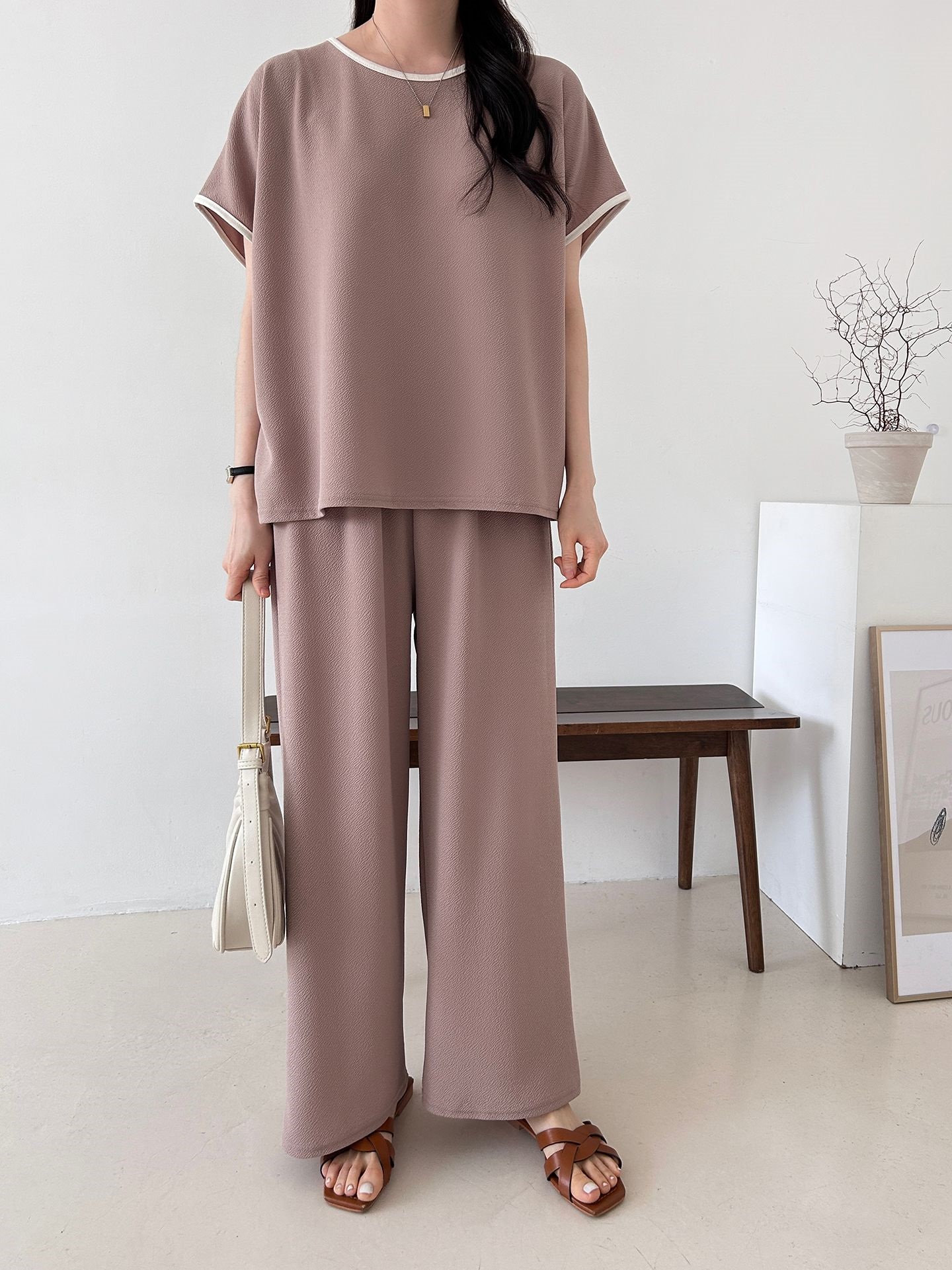 配色ラウンドネックベーシックウエストゴム半袖ワイドセットアップTシャツトレーニング | 詳細画像4