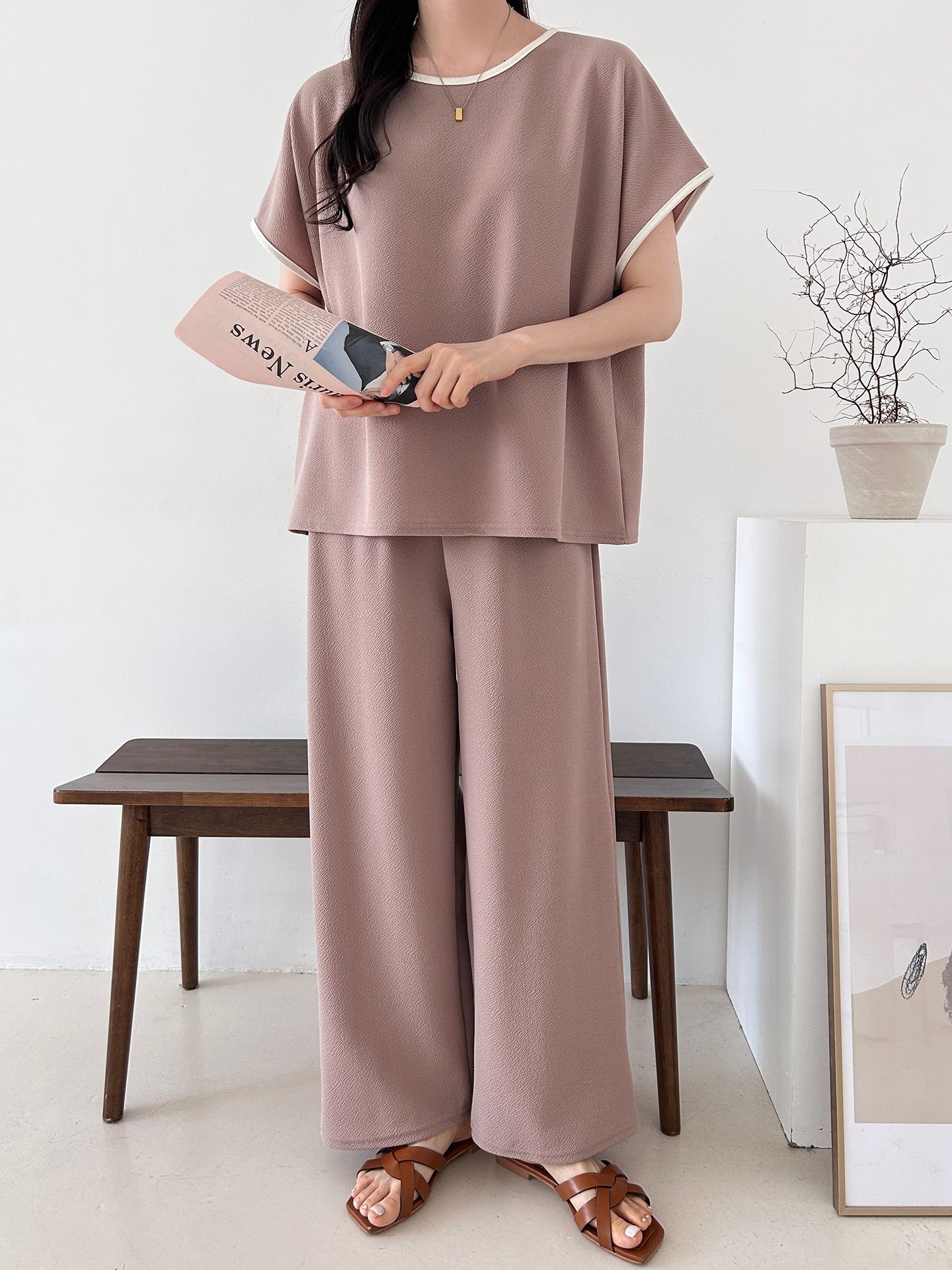 配色ラウンドネックベーシックウエストゴム半袖ワイドセットアップTシャツトレーニング | 詳細画像6