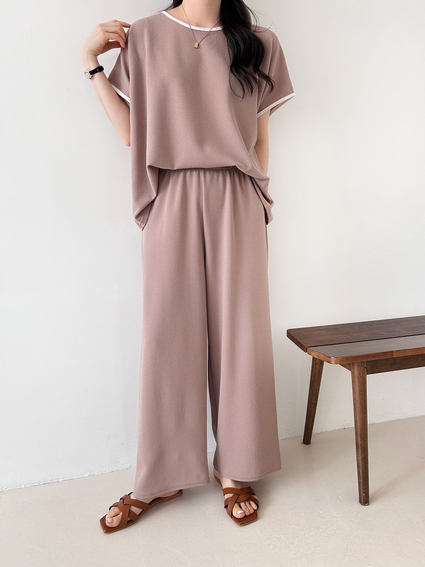 配色ラウンドネックベーシックウエストゴム半袖ワイドセットアップTシャツトレーニング | 詳細画像7