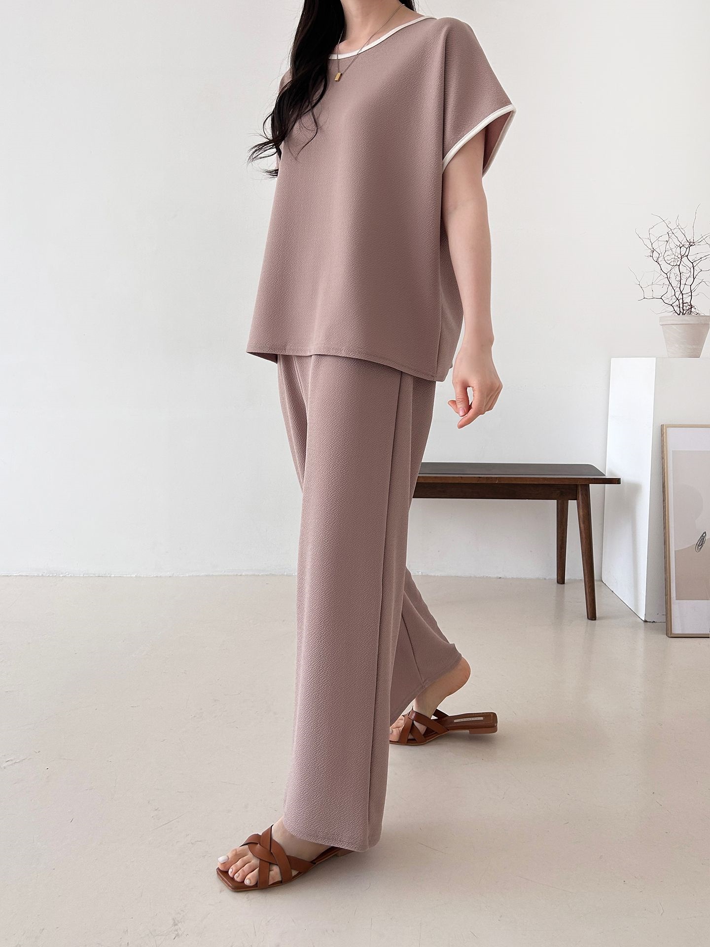 配色ラウンドネックベーシックウエストゴム半袖ワイドセットアップTシャツトレーニング | 詳細画像8