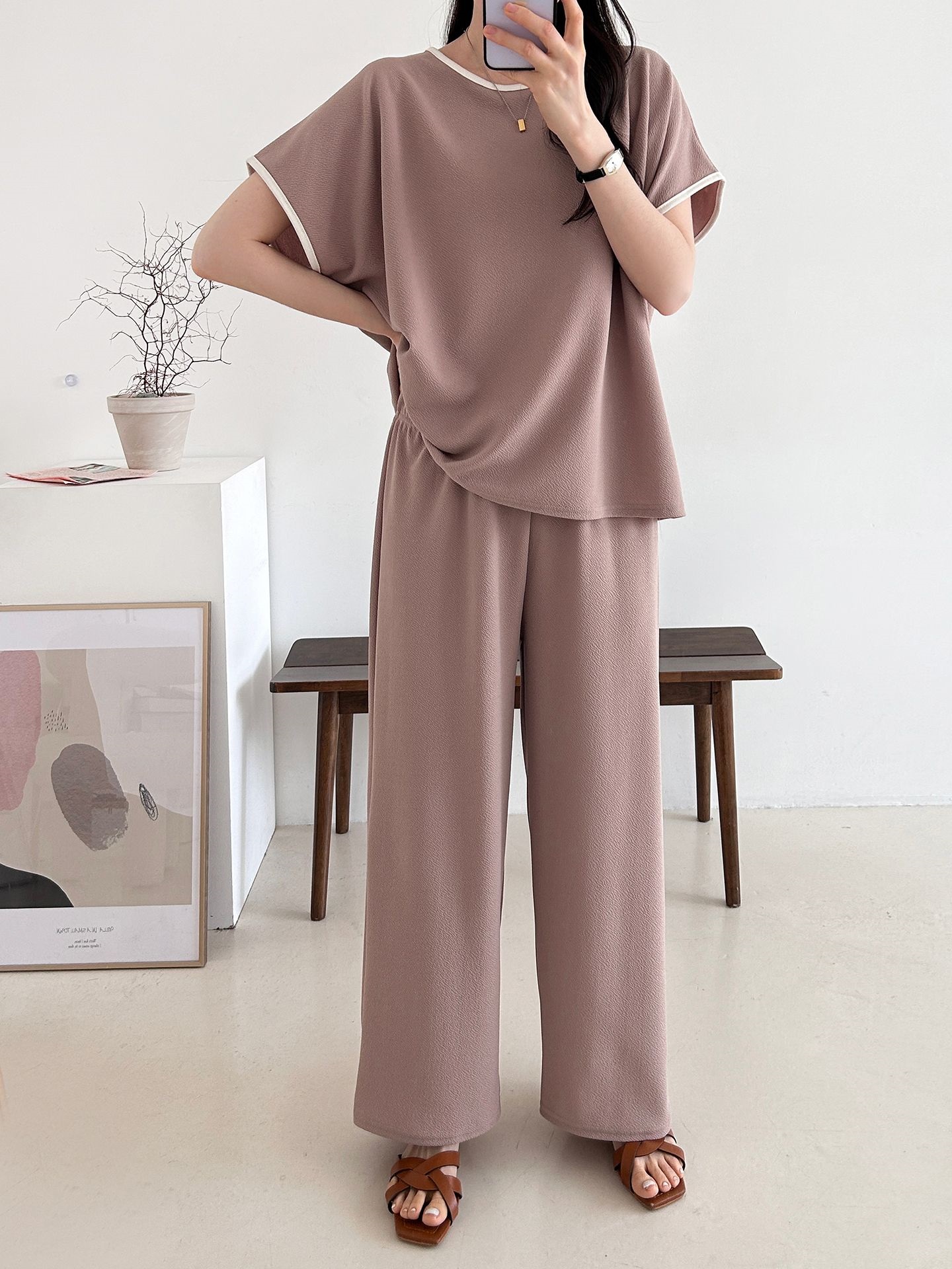 配色ラウンドネックベーシックウエストゴム半袖ワイドセットアップTシャツトレーニング | 詳細画像11