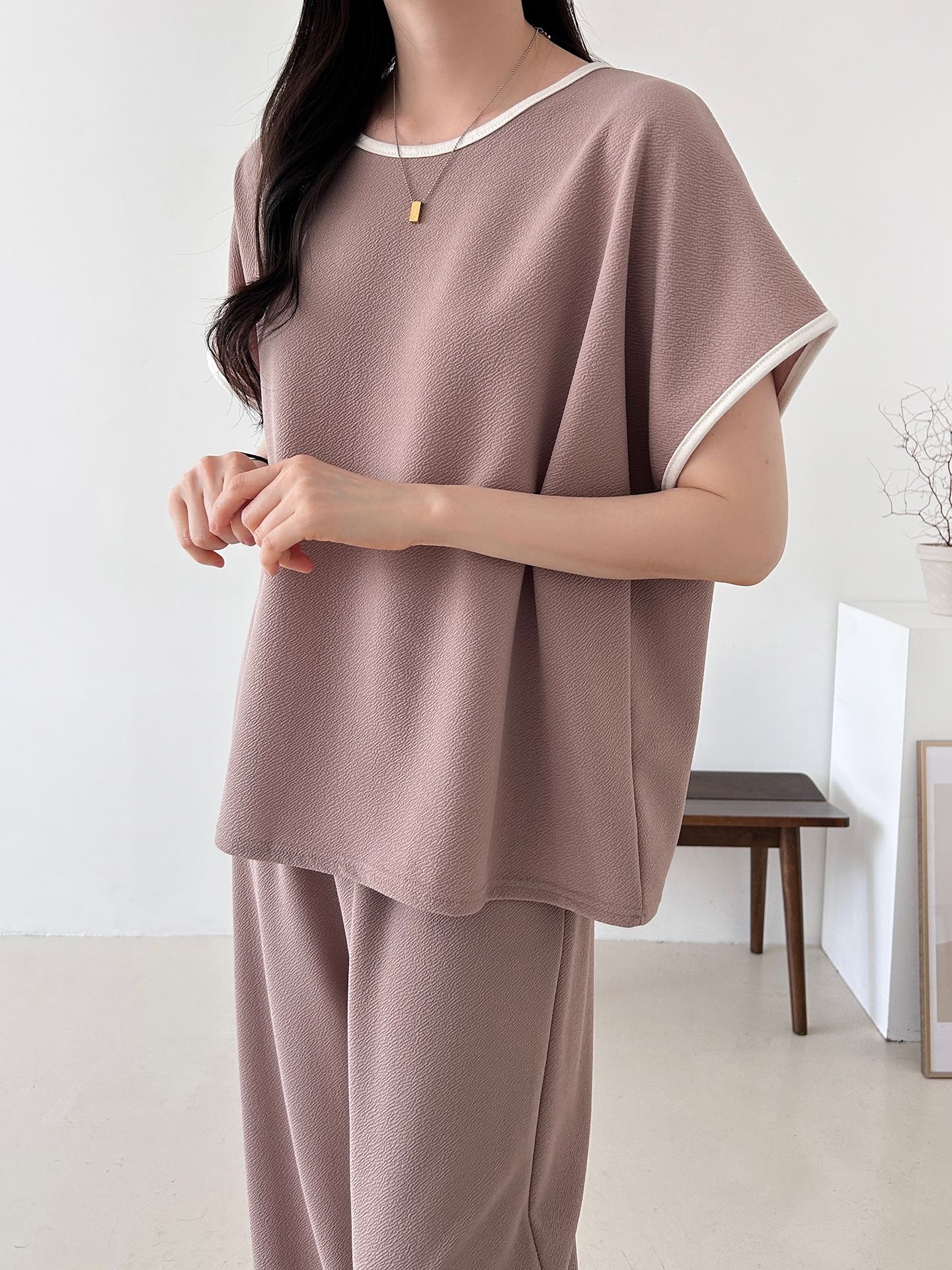 配色ラウンドネックベーシックウエストゴム半袖ワイドセットアップTシャツトレーニング | 詳細画像9