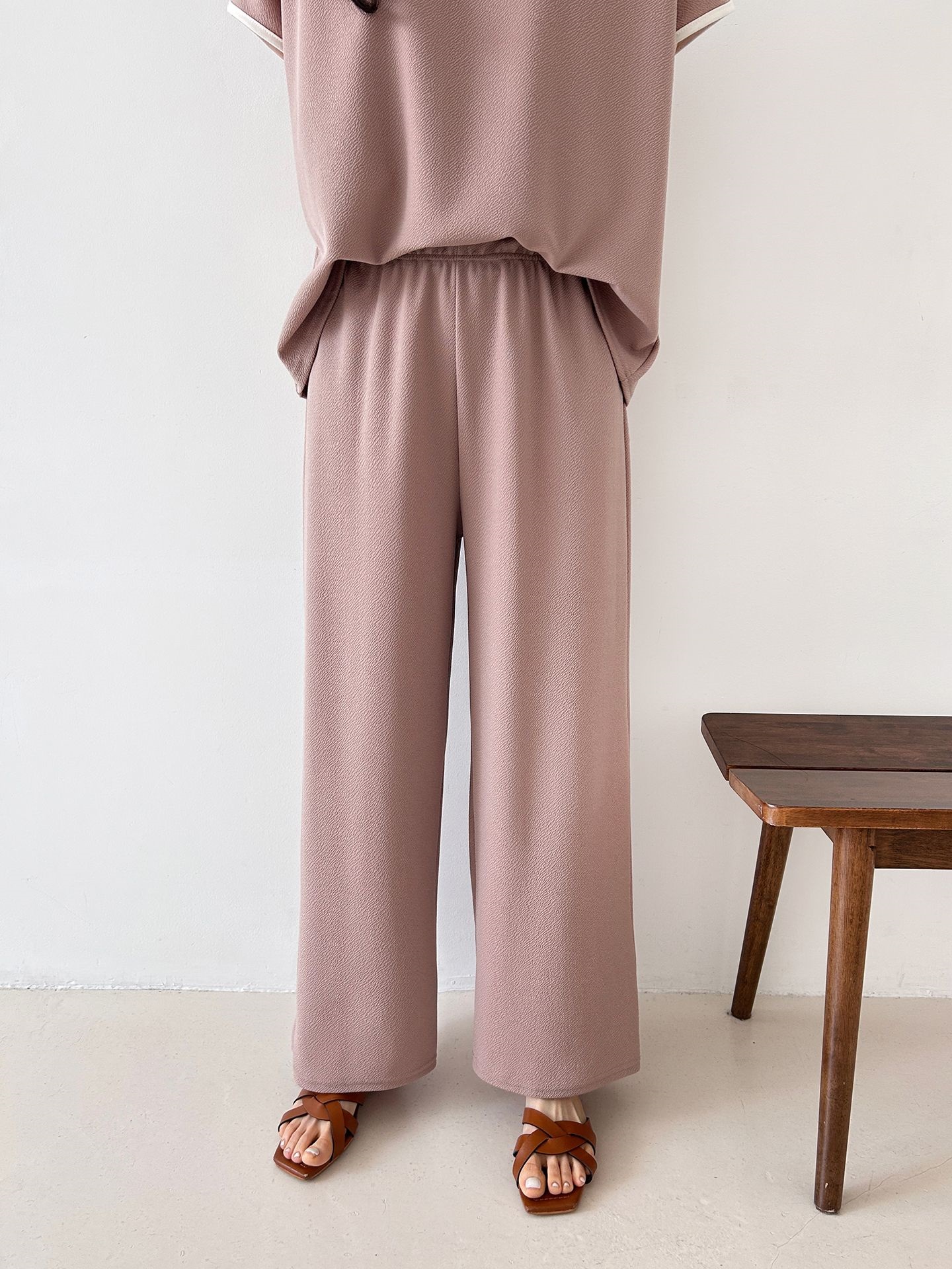 配色ラウンドネックベーシックウエストゴム半袖ワイドセットアップTシャツトレーニング | 詳細画像12