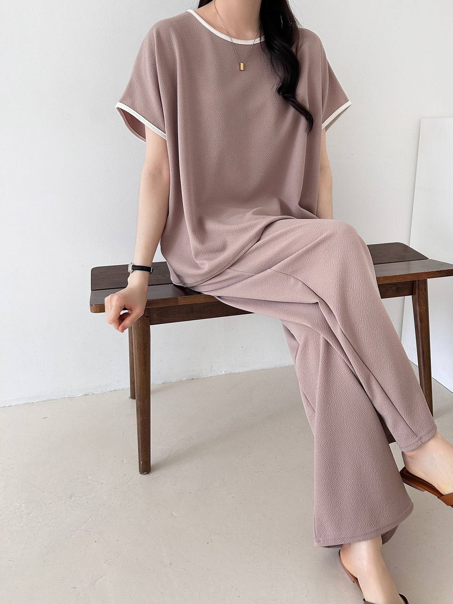 配色ラウンドネックベーシックウエストゴム半袖ワイドセットアップTシャツトレーニング | 詳細画像10