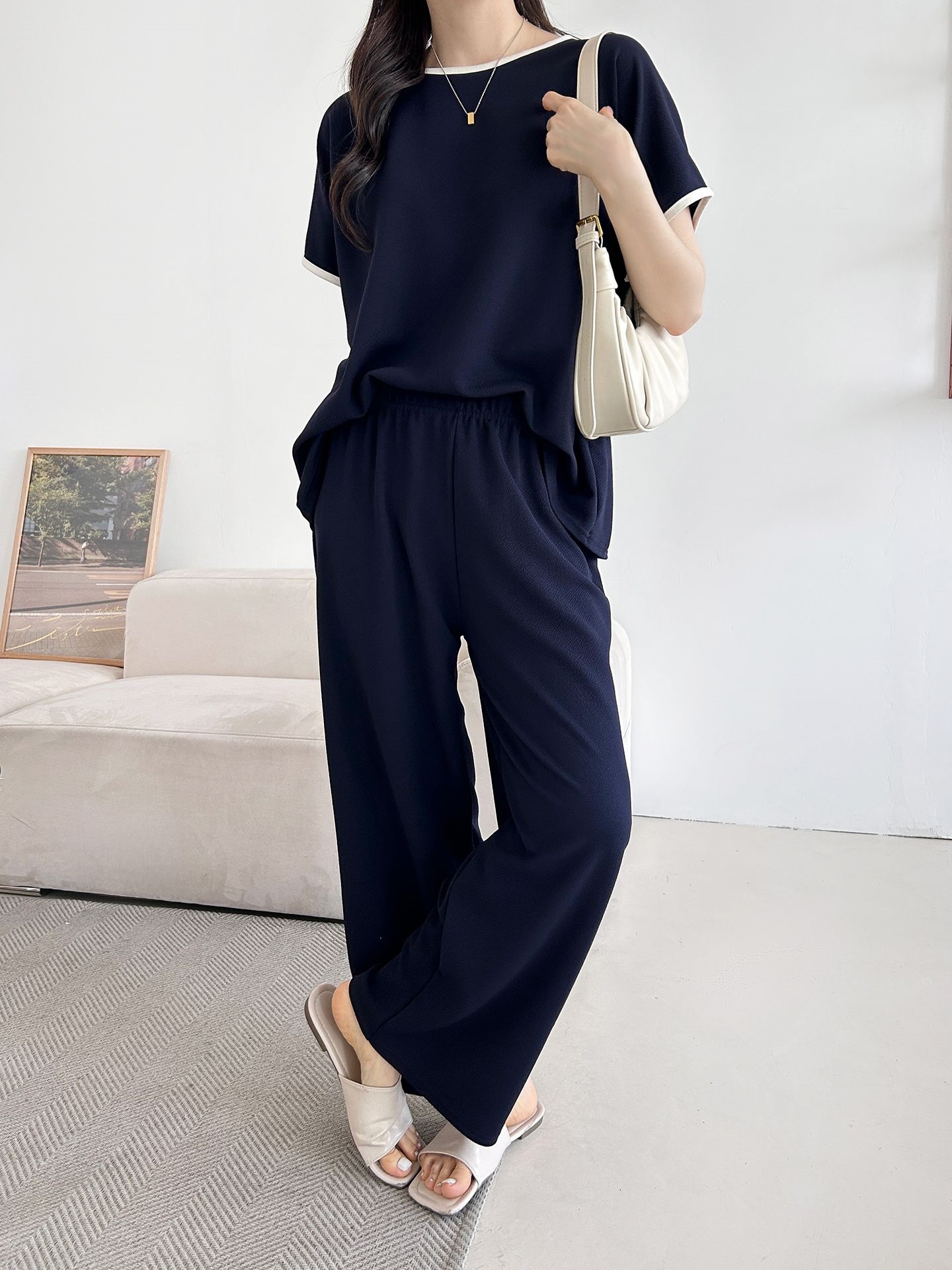 配色ラウンドネックベーシックウエストゴム半袖ワイドセットアップTシャツトレーニング | 詳細画像13