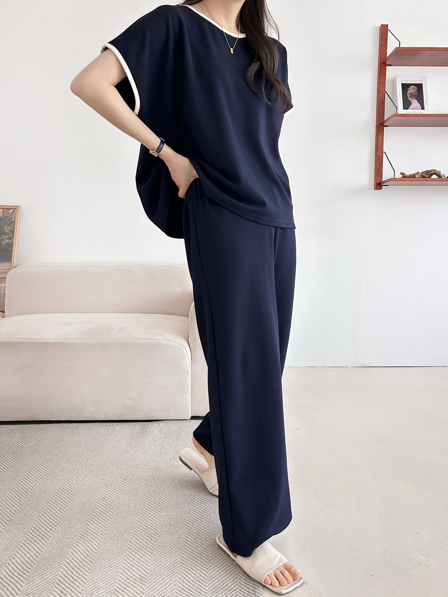 配色ラウンドネックベーシックウエストゴム半袖ワイドセットアップTシャツトレーニング | 詳細画像16