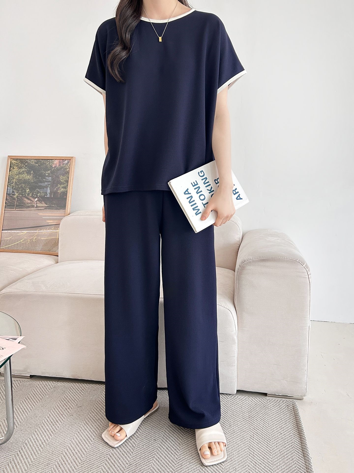 配色ラウンドネックベーシックウエストゴム半袖ワイドセットアップTシャツトレーニング | 詳細画像17