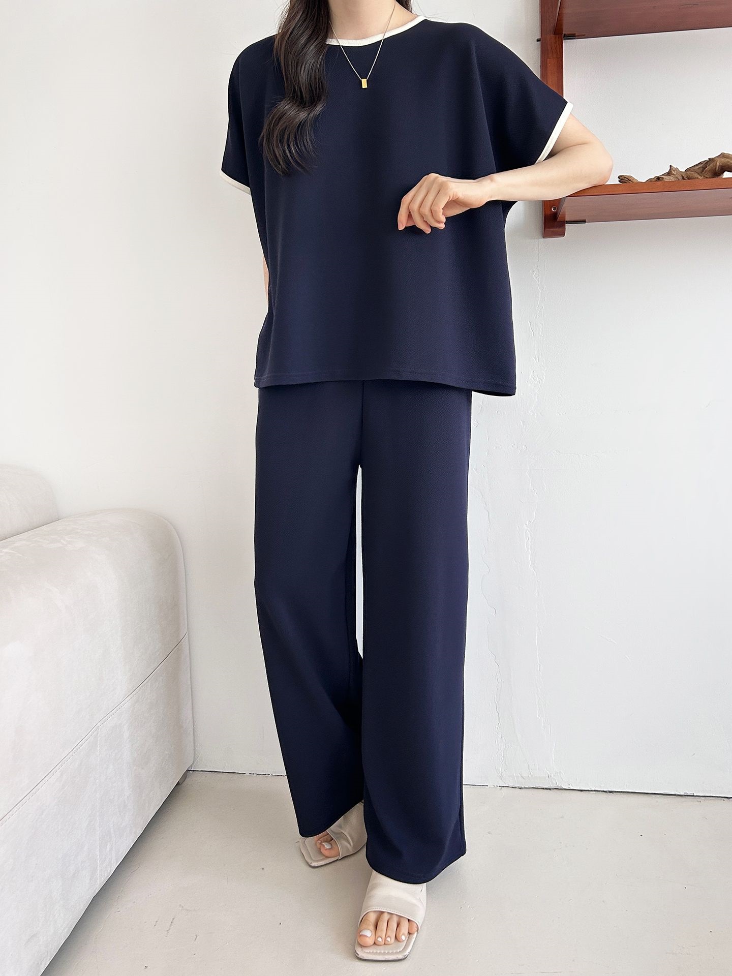 配色ラウンドネックベーシックウエストゴム半袖ワイドセットアップTシャツトレーニング | 詳細画像20