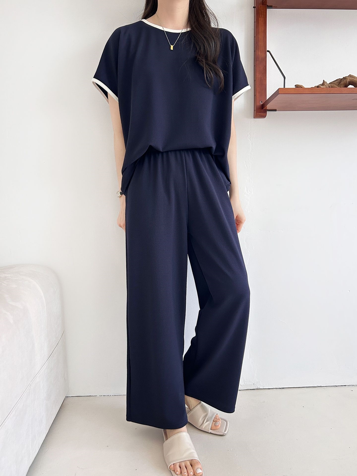 配色ラウンドネックベーシックウエストゴム半袖ワイドセットアップTシャツトレーニング | 詳細画像21