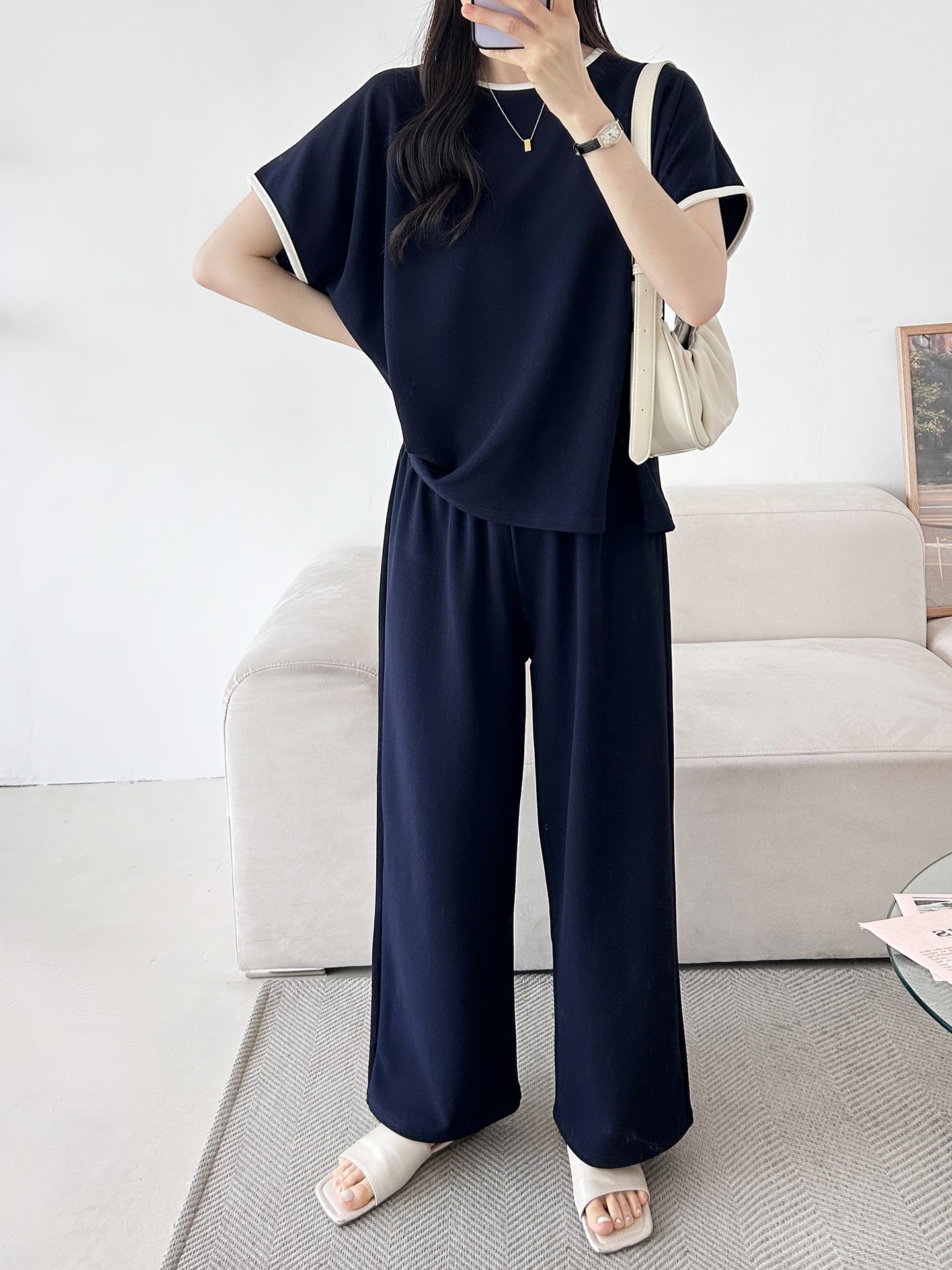 配色ラウンドネックベーシックウエストゴム半袖ワイドセットアップTシャツトレーニング | 詳細画像23