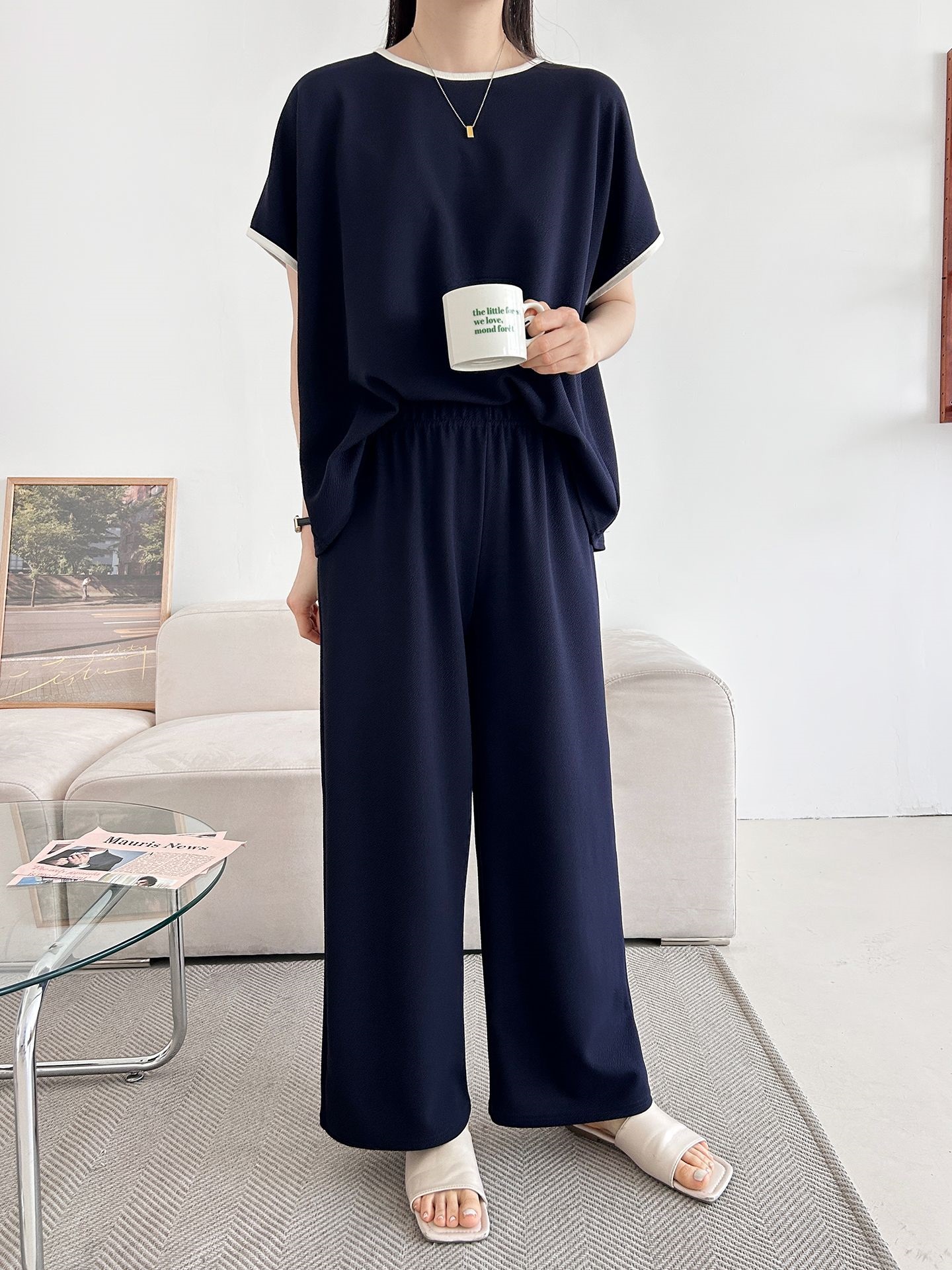 配色ラウンドネックベーシックウエストゴム半袖ワイドセットアップTシャツトレーニング | 詳細画像24