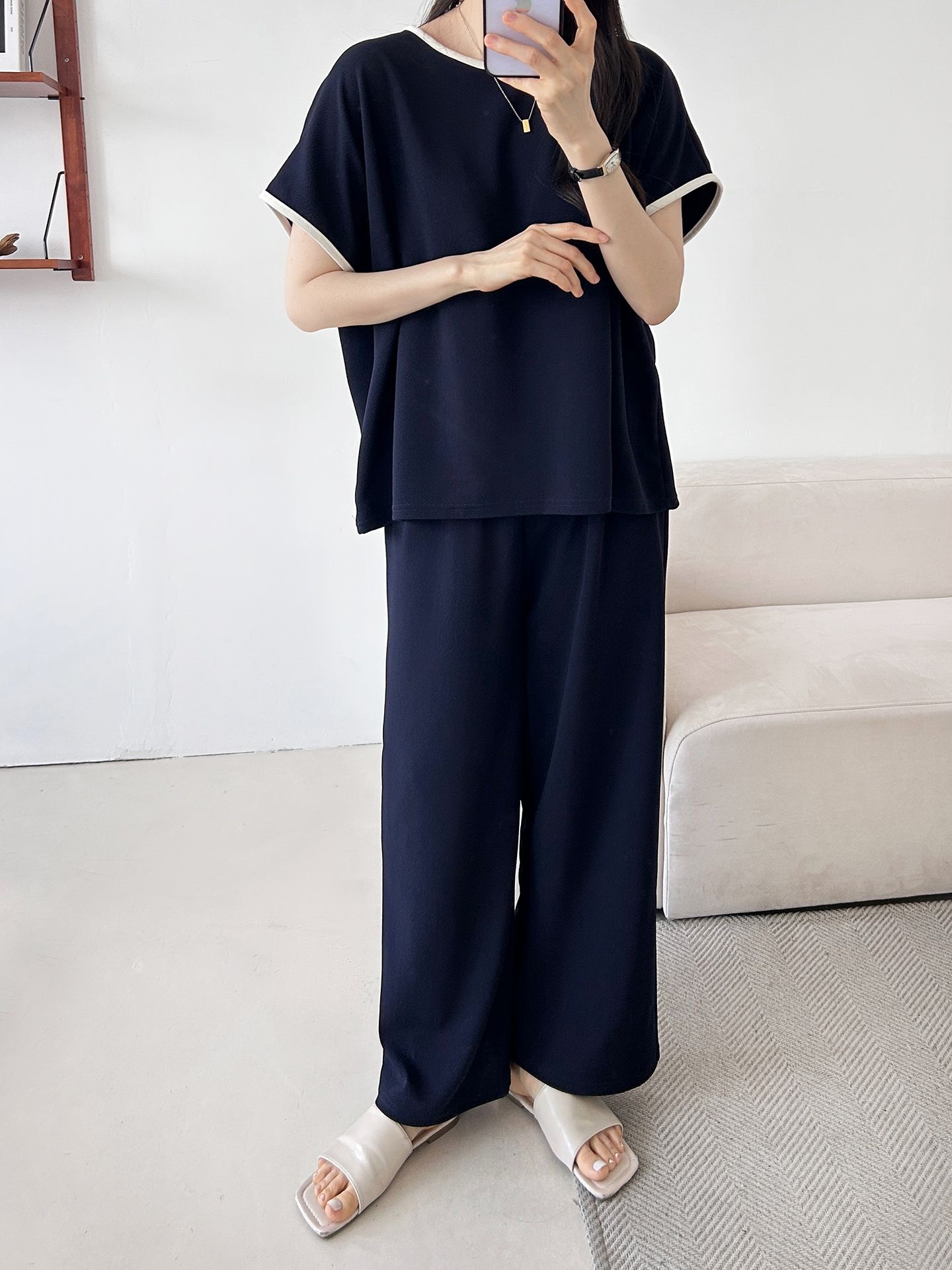 配色ラウンドネックベーシックウエストゴム半袖ワイドセットアップTシャツトレーニング | 詳細画像25