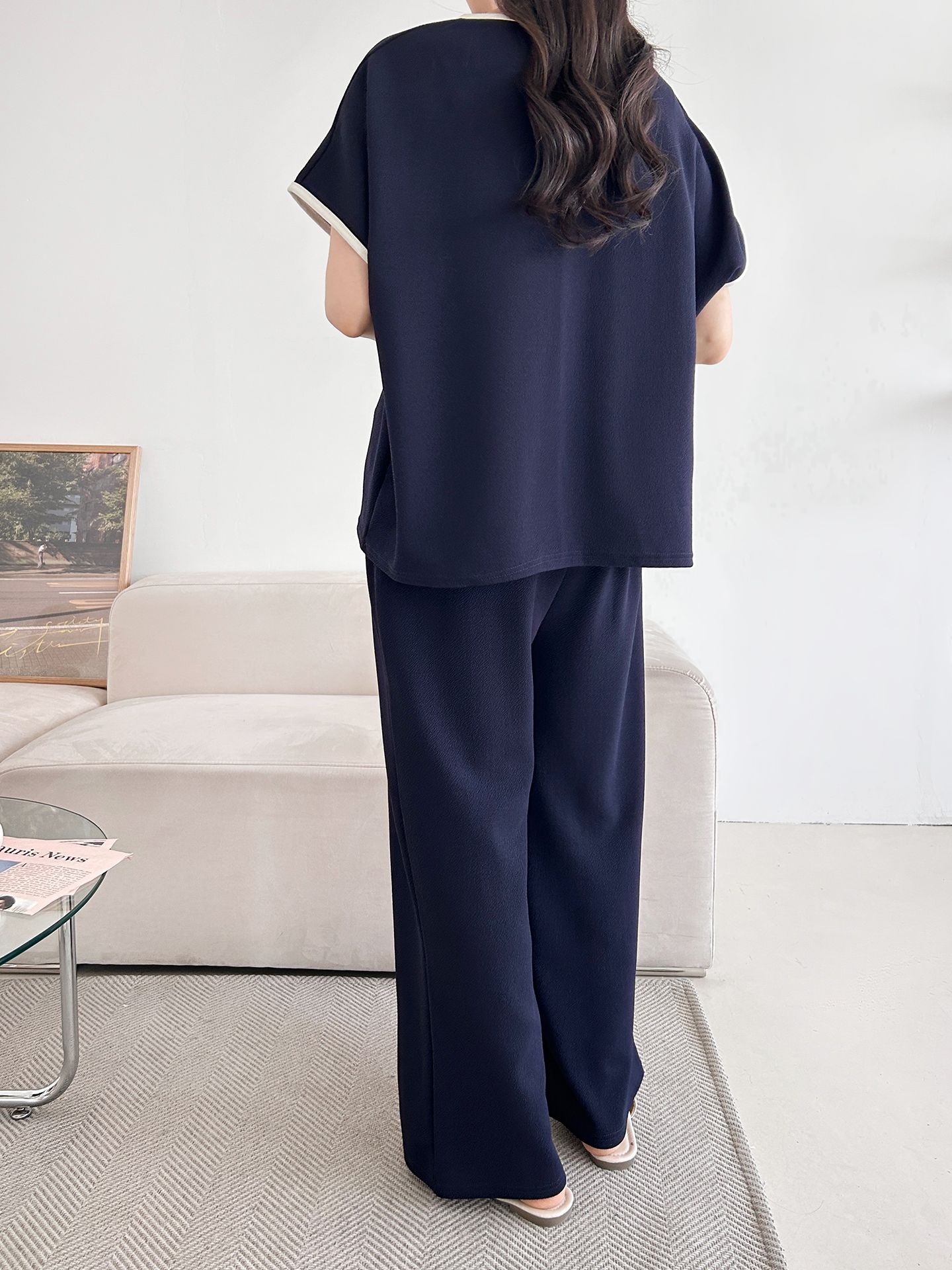 配色ラウンドネックベーシックウエストゴム半袖ワイドセットアップTシャツトレーニング | 詳細画像26