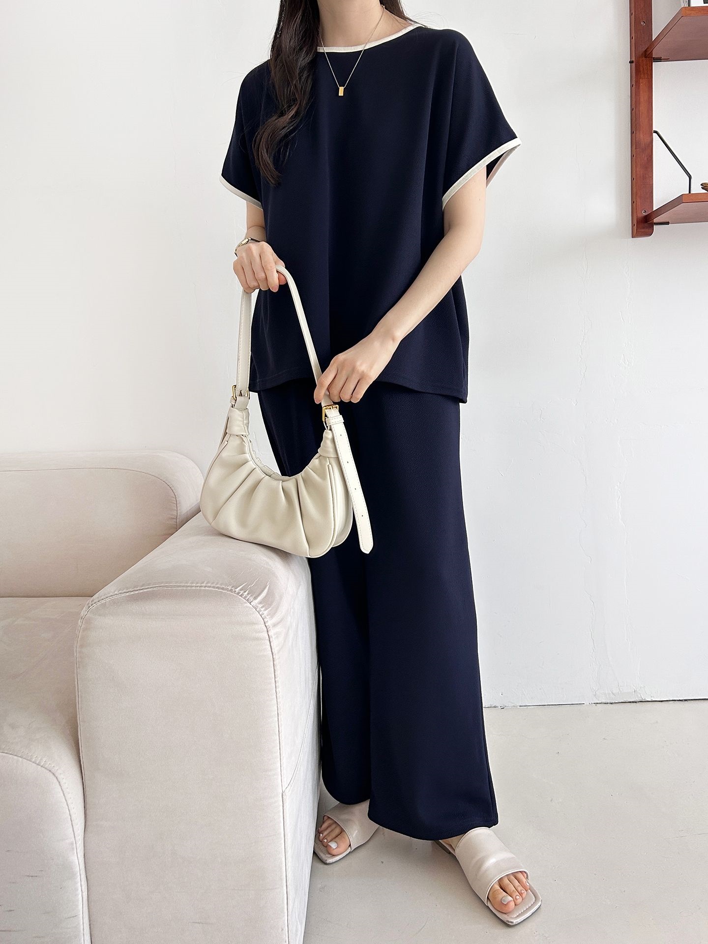 配色ラウンドネックベーシックウエストゴム半袖ワイドセットアップTシャツトレーニング | 詳細画像28