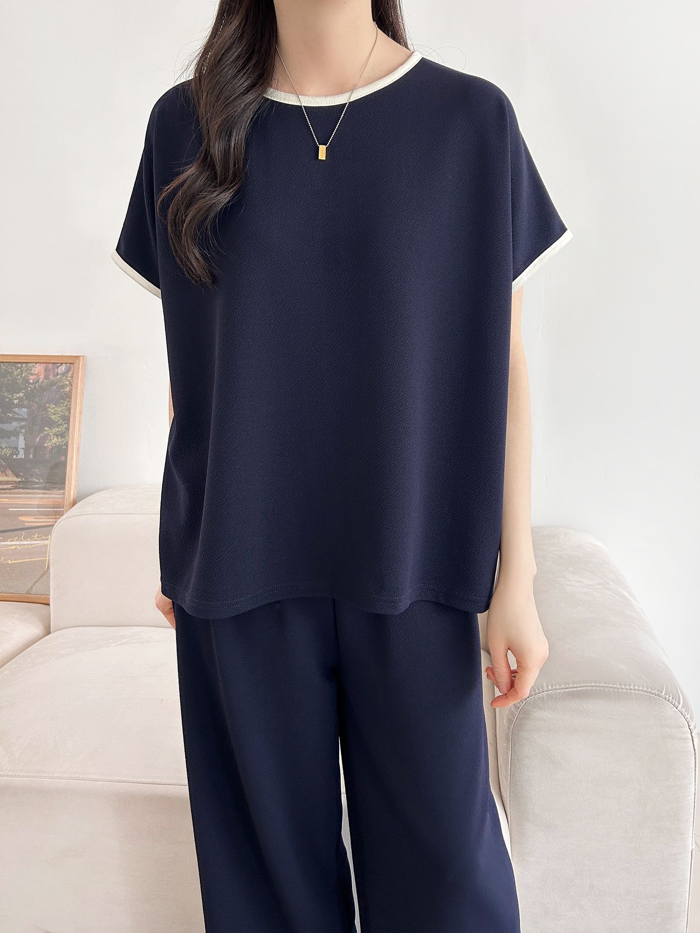 配色ラウンドネックベーシックウエストゴム半袖ワイドセットアップTシャツトレーニング | 詳細画像29