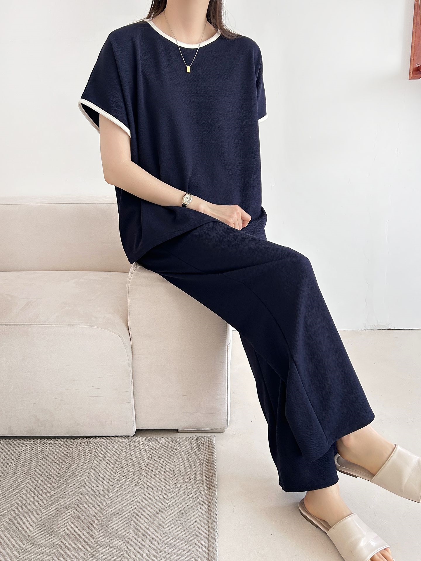 配色ラウンドネックベーシックウエストゴム半袖ワイドセットアップTシャツトレーニング | 詳細画像31