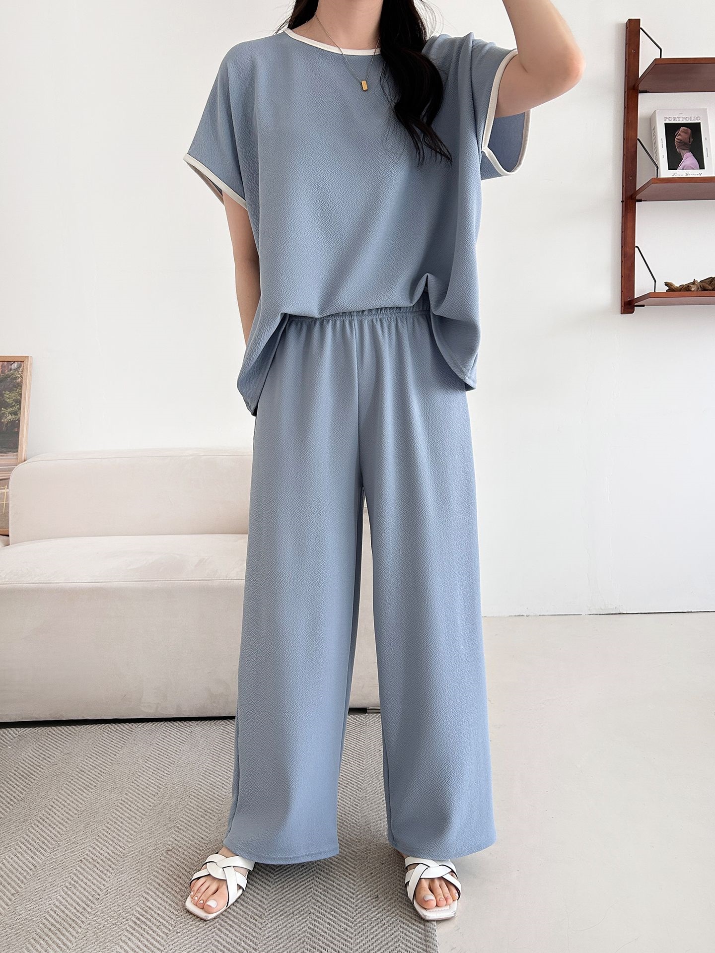 配色ラウンドネックベーシックウエストゴム半袖ワイドセットアップTシャツトレーニング | 詳細画像36