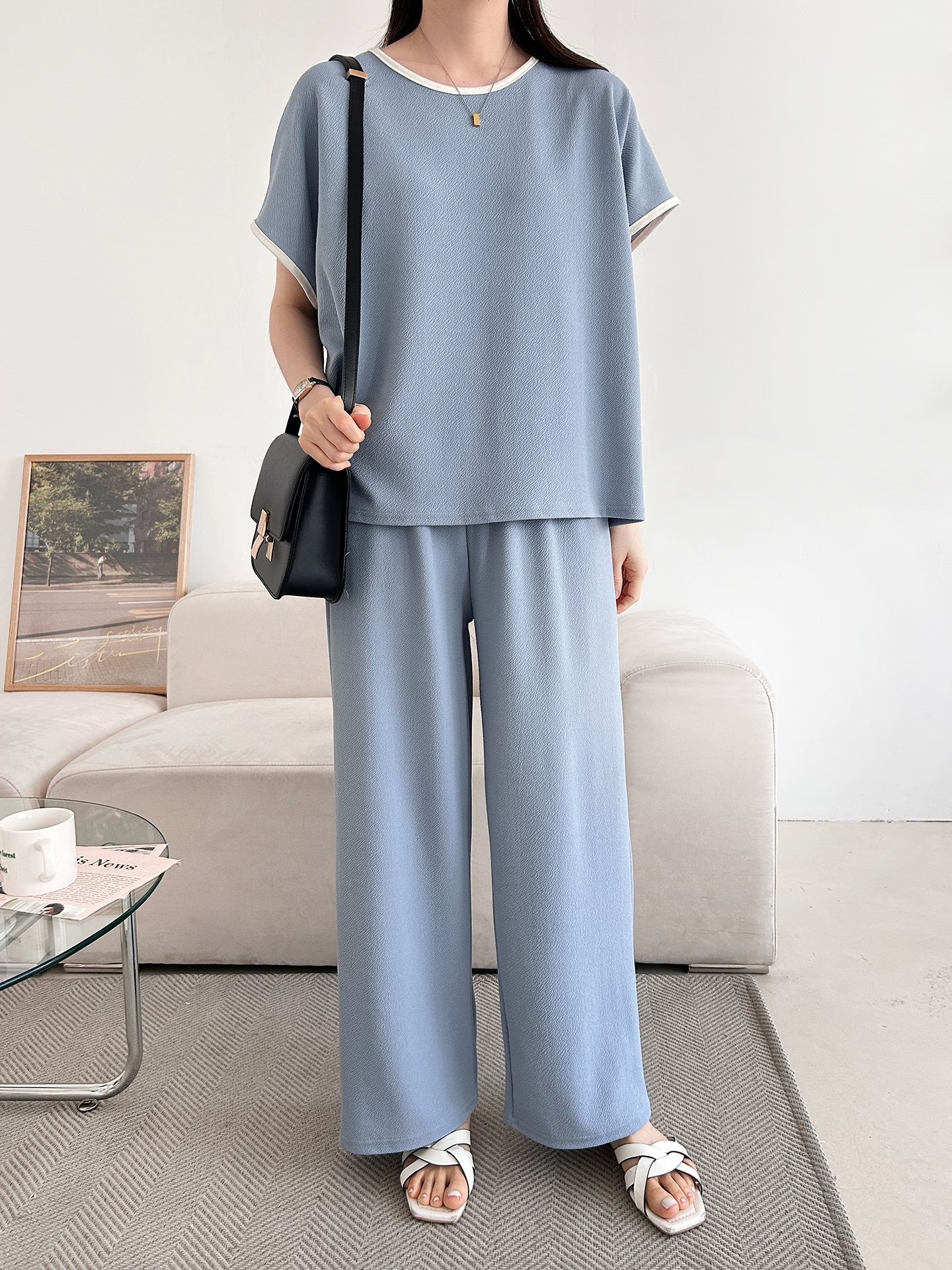 配色ラウンドネックベーシックウエストゴム半袖ワイドセットアップTシャツトレーニング | 詳細画像33