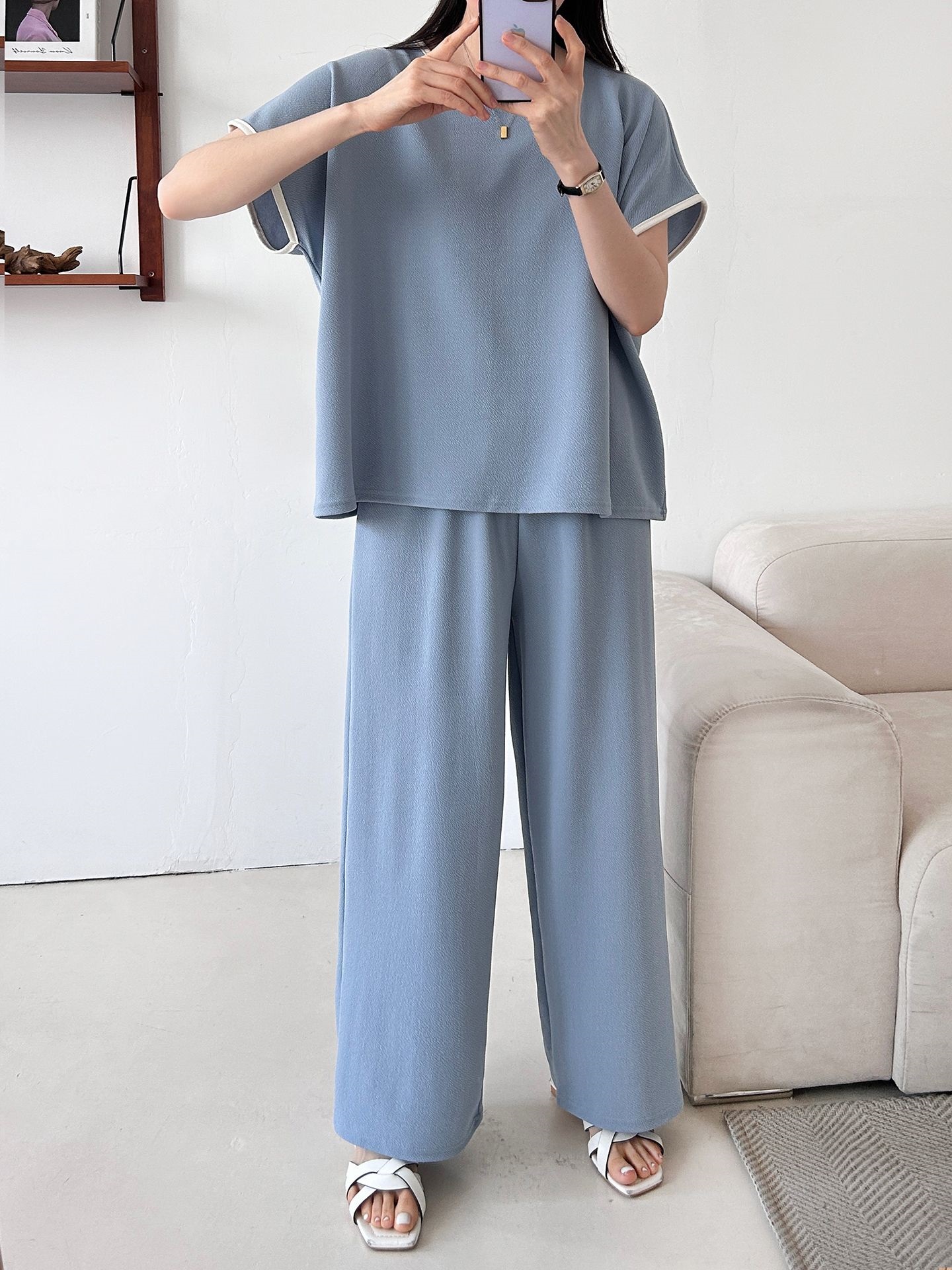 配色ラウンドネックベーシックウエストゴム半袖ワイドセットアップTシャツトレーニング | 詳細画像34