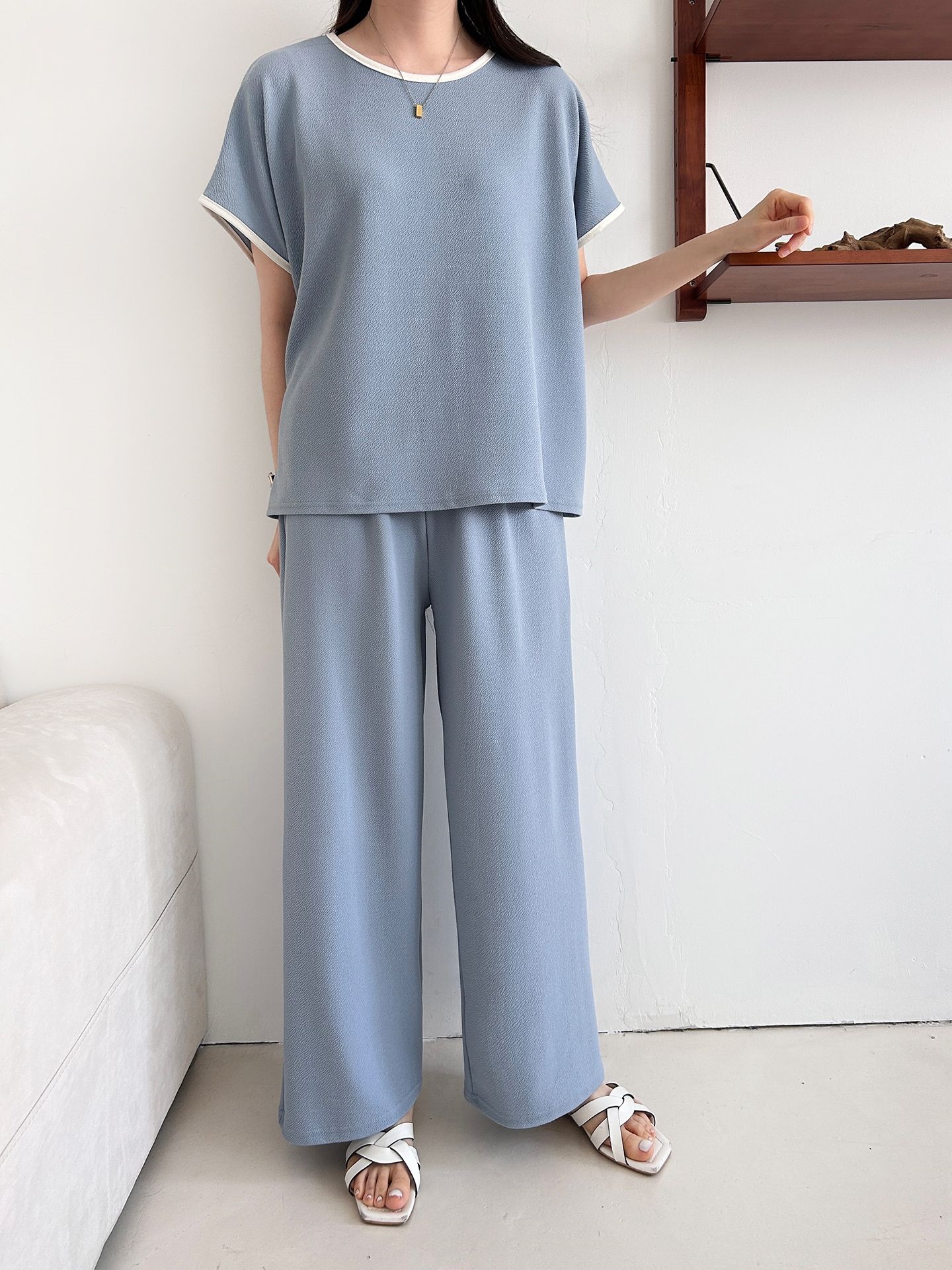 配色ラウンドネックベーシックウエストゴム半袖ワイドセットアップTシャツトレーニング | 詳細画像38