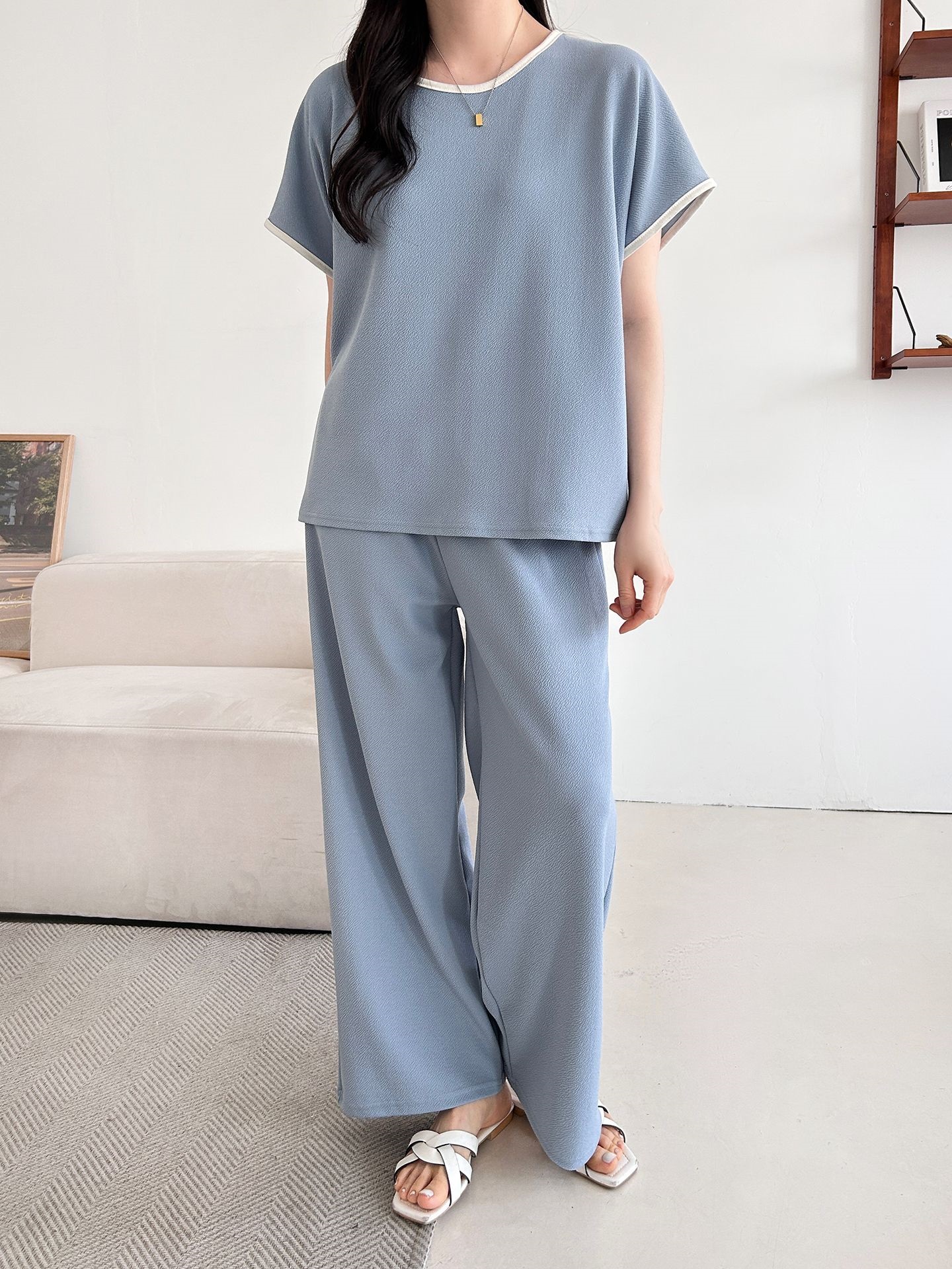 配色ラウンドネックベーシックウエストゴム半袖ワイドセットアップTシャツトレーニング | 詳細画像35