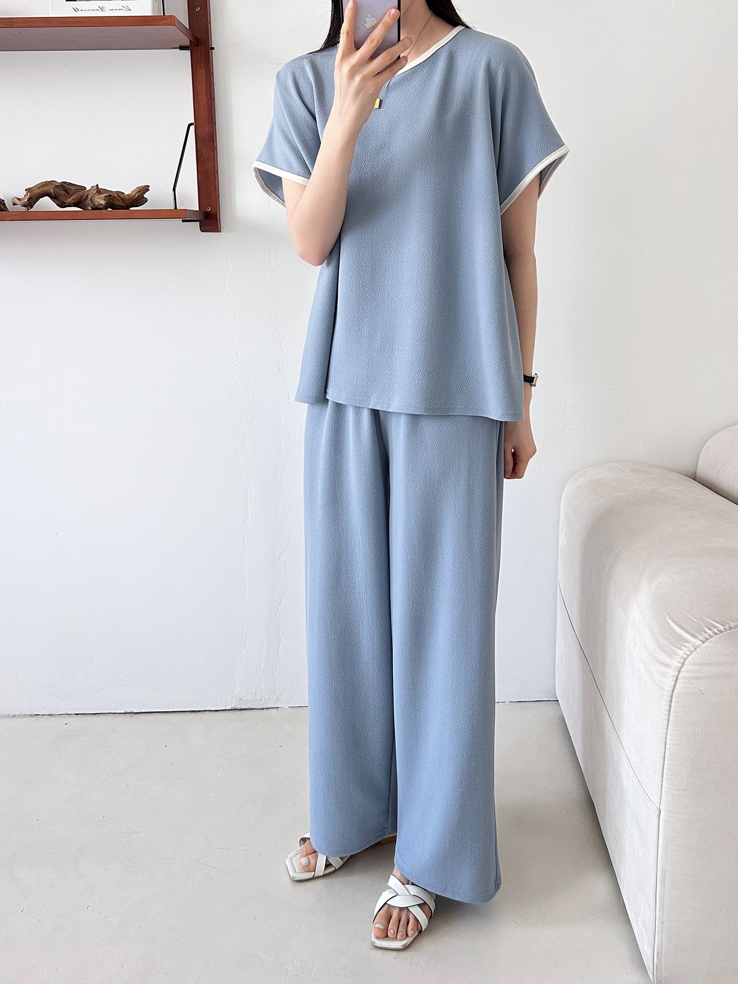 配色ラウンドネックベーシックウエストゴム半袖ワイドセットアップTシャツトレーニング | 詳細画像37