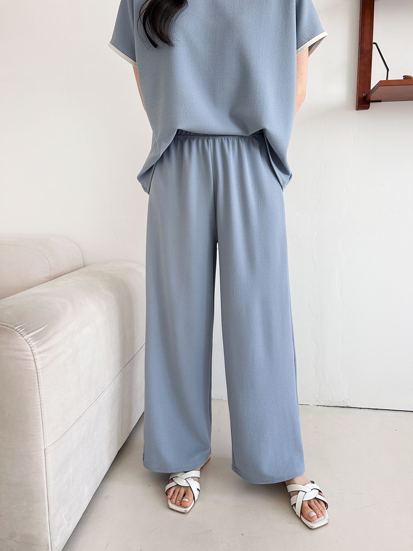 配色ラウンドネックベーシックウエストゴム半袖ワイドセットアップTシャツトレーニング | 詳細画像39