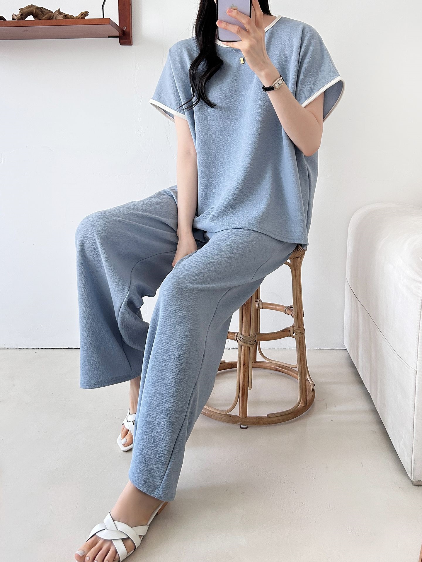 配色ラウンドネックベーシックウエストゴム半袖ワイドセットアップTシャツトレーニング | 詳細画像40