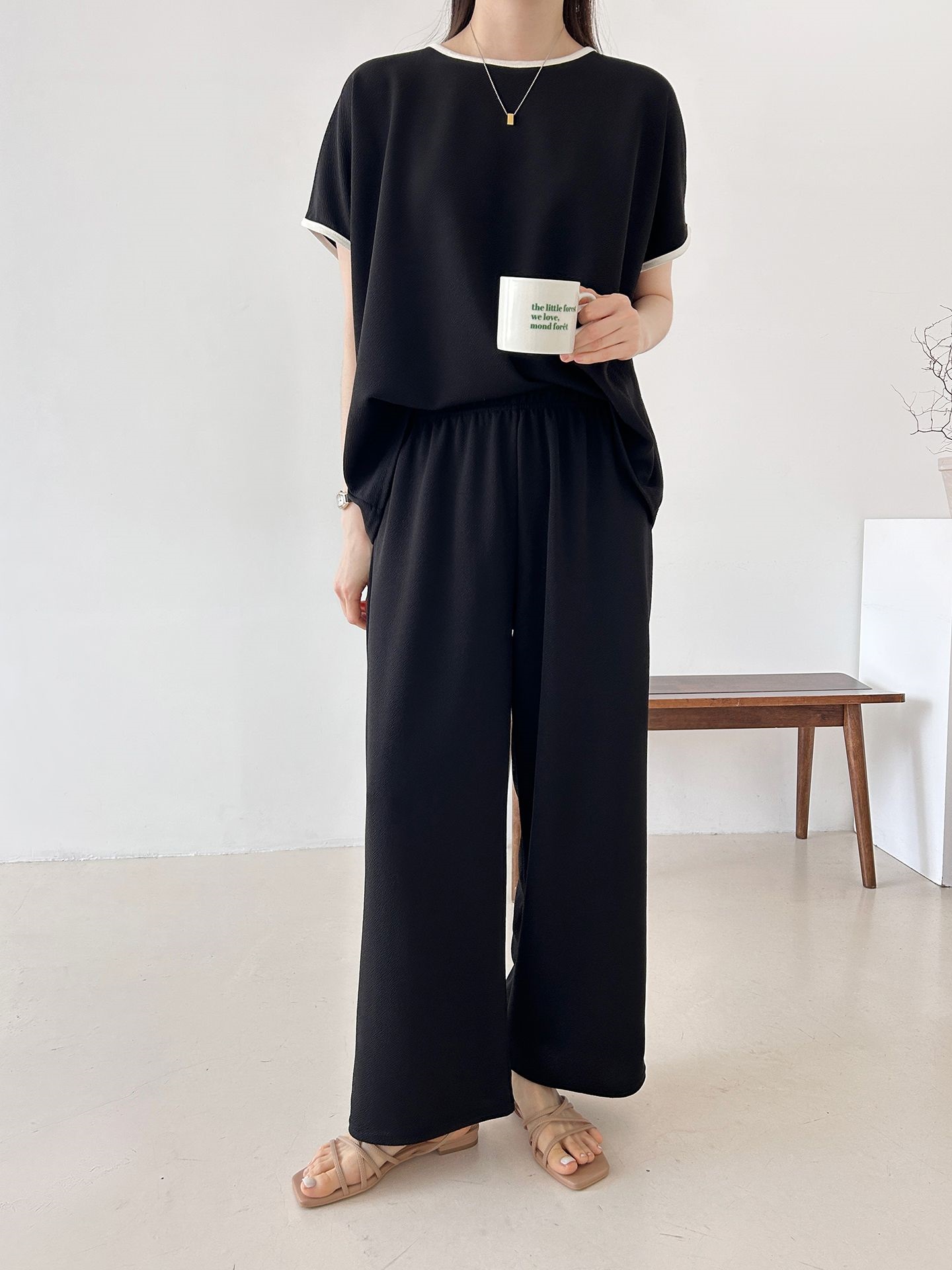 配色ラウンドネックベーシックウエストゴム半袖ワイドセットアップTシャツトレーニング | 詳細画像41