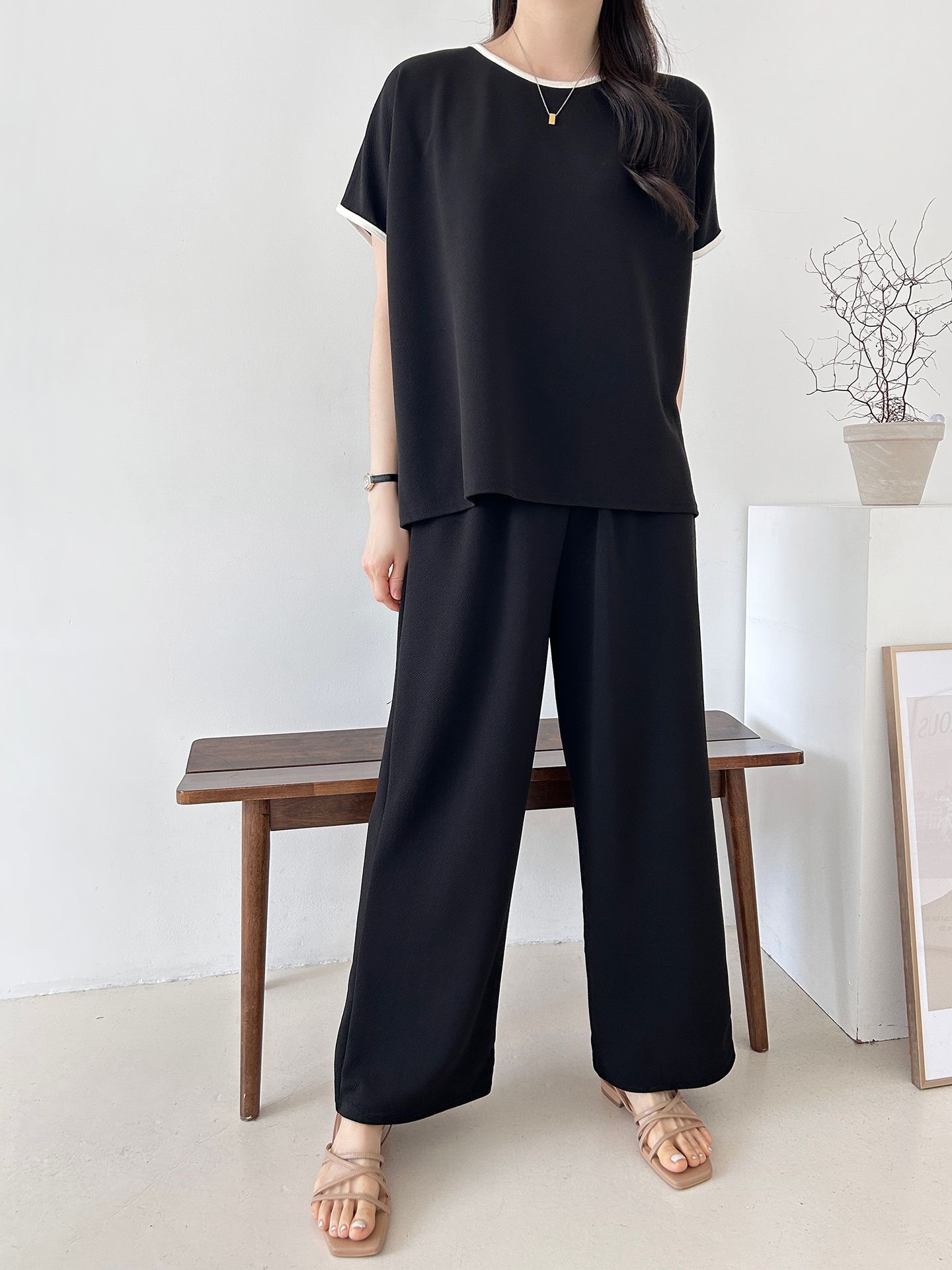 配色ラウンドネックベーシックウエストゴム半袖ワイドセットアップTシャツトレーニング | 詳細画像45