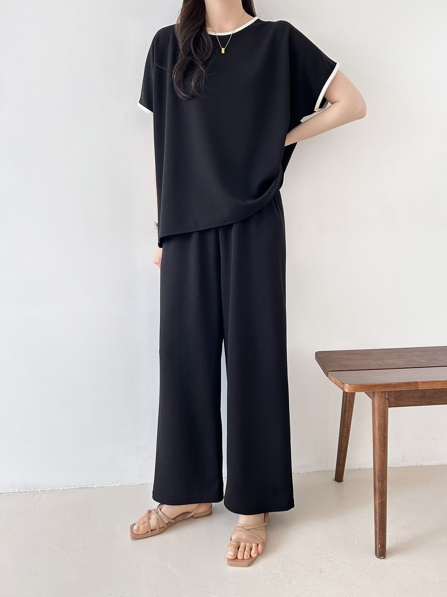 配色ラウンドネックベーシックウエストゴム半袖ワイドセットアップTシャツトレーニング | 詳細画像42