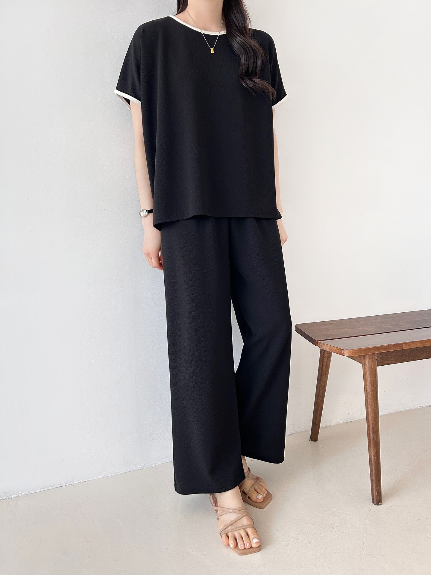 配色ラウンドネックベーシックウエストゴム半袖ワイドセットアップTシャツトレーニング | 詳細画像44