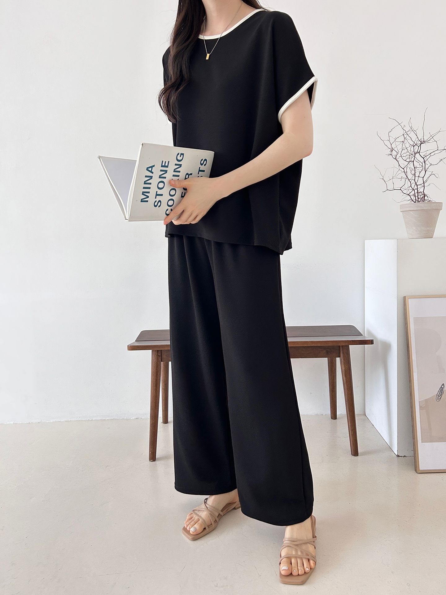 配色ラウンドネックベーシックウエストゴム半袖ワイドセットアップTシャツトレーニング | 詳細画像43