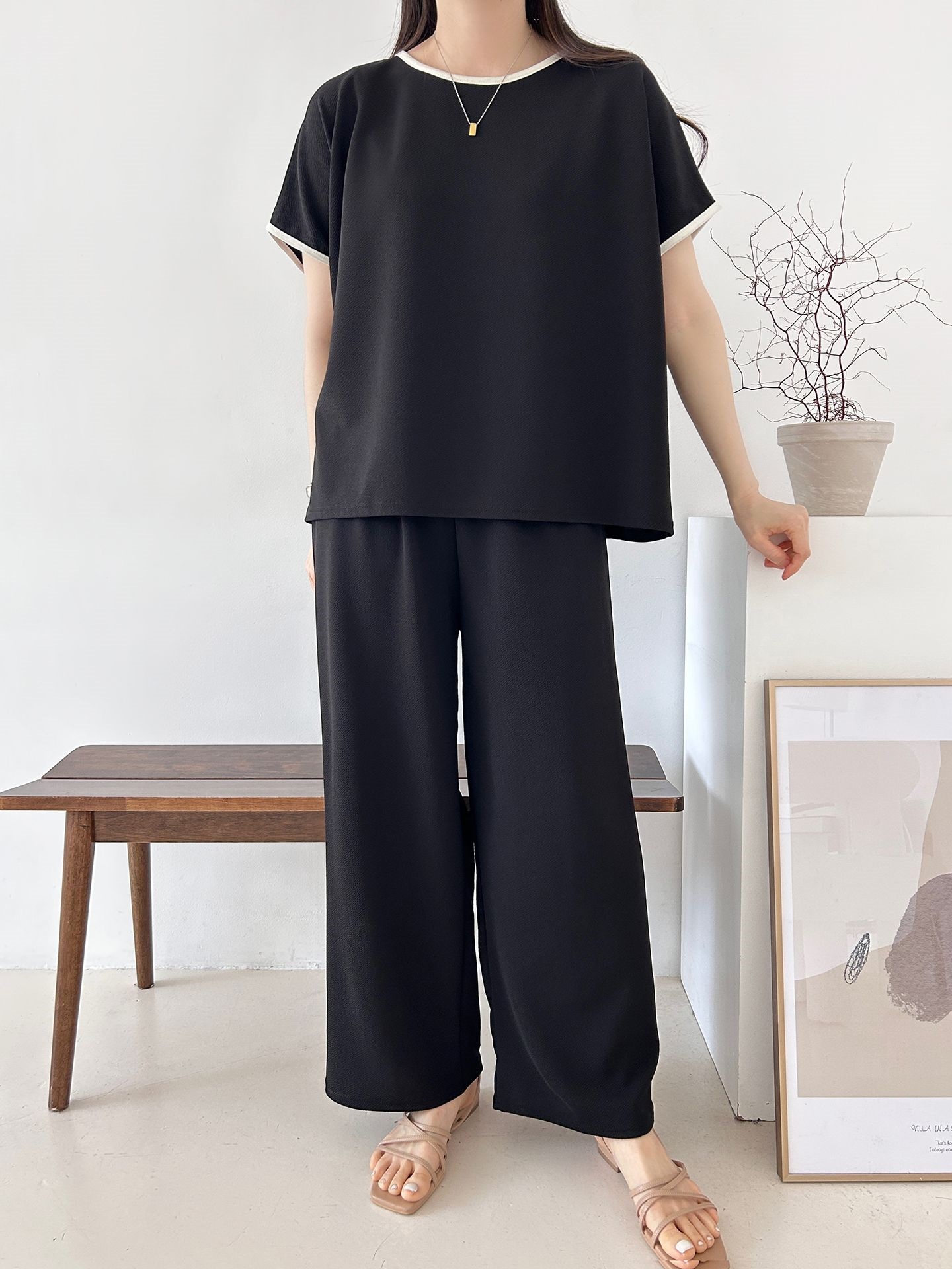 配色ラウンドネックベーシックウエストゴム半袖ワイドセットアップTシャツトレーニング | 詳細画像46