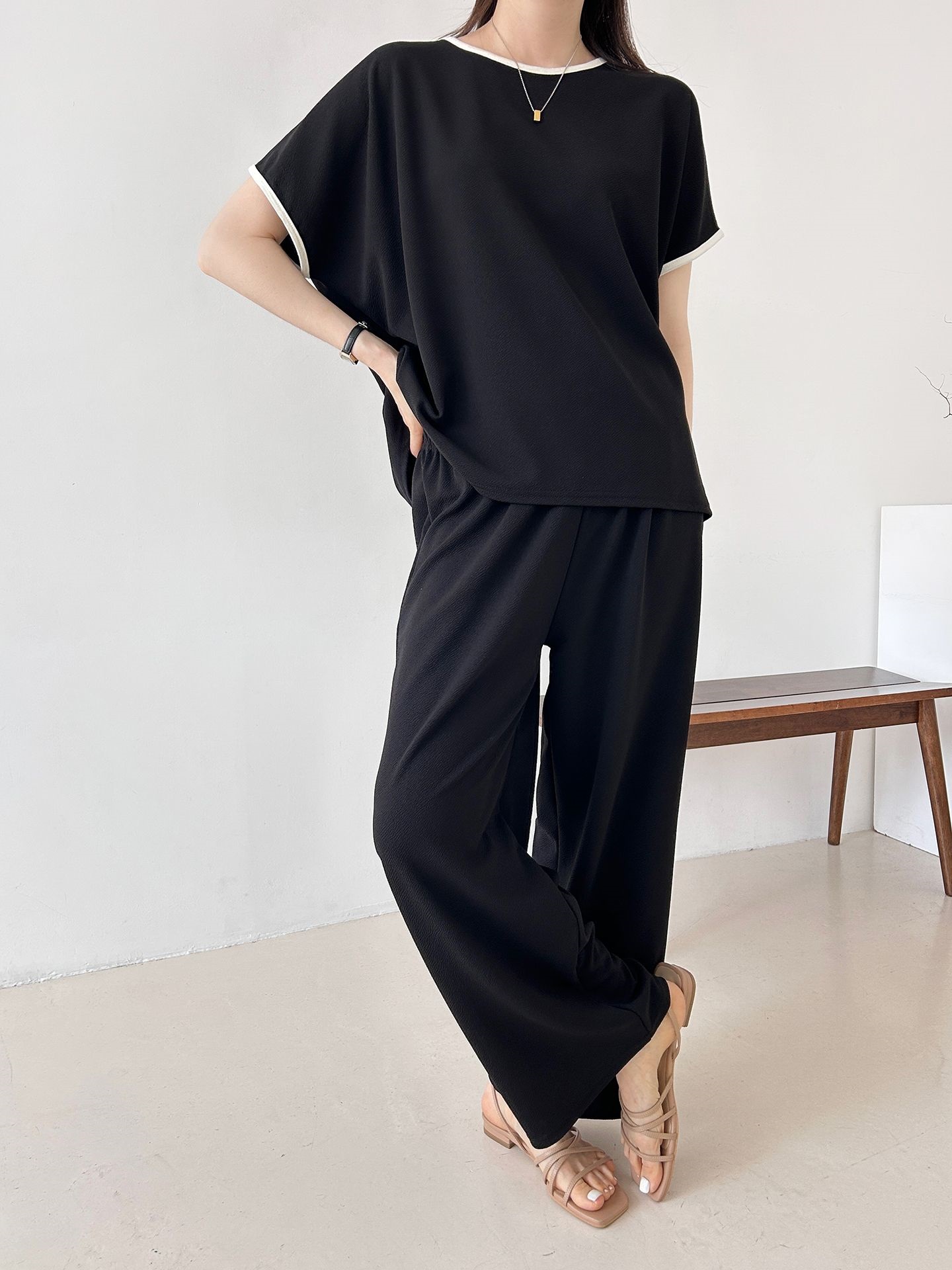 配色ラウンドネックベーシックウエストゴム半袖ワイドセットアップTシャツトレーニング | 詳細画像47