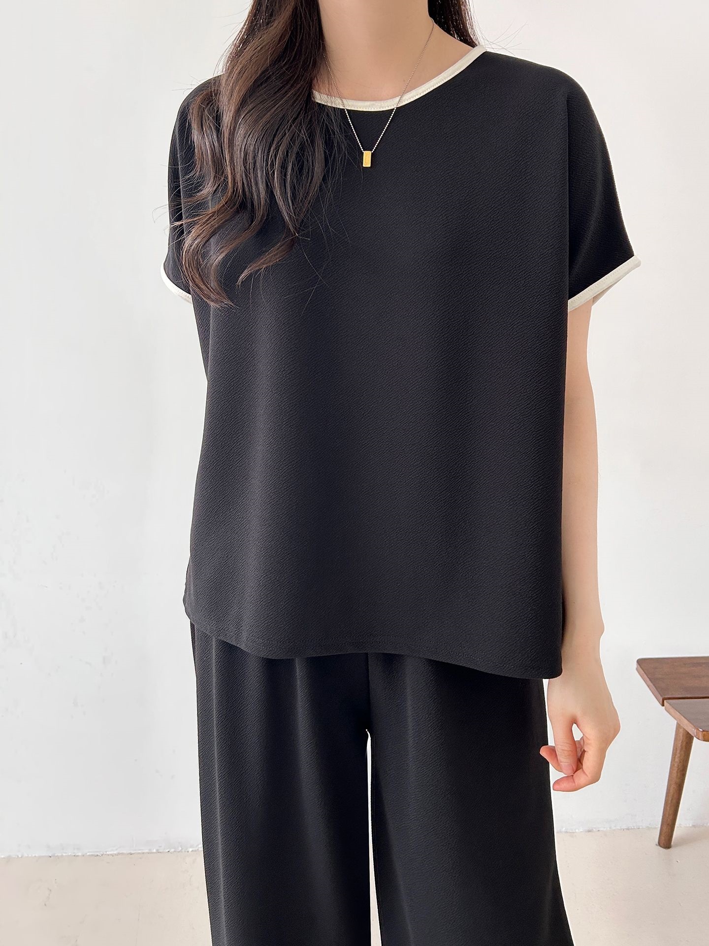 配色ラウンドネックベーシックウエストゴム半袖ワイドセットアップTシャツトレーニング | 詳細画像48