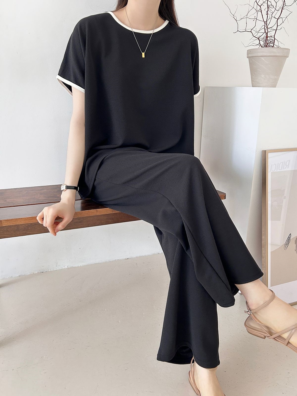 配色ラウンドネックベーシックウエストゴム半袖ワイドセットアップTシャツトレーニング | 詳細画像50