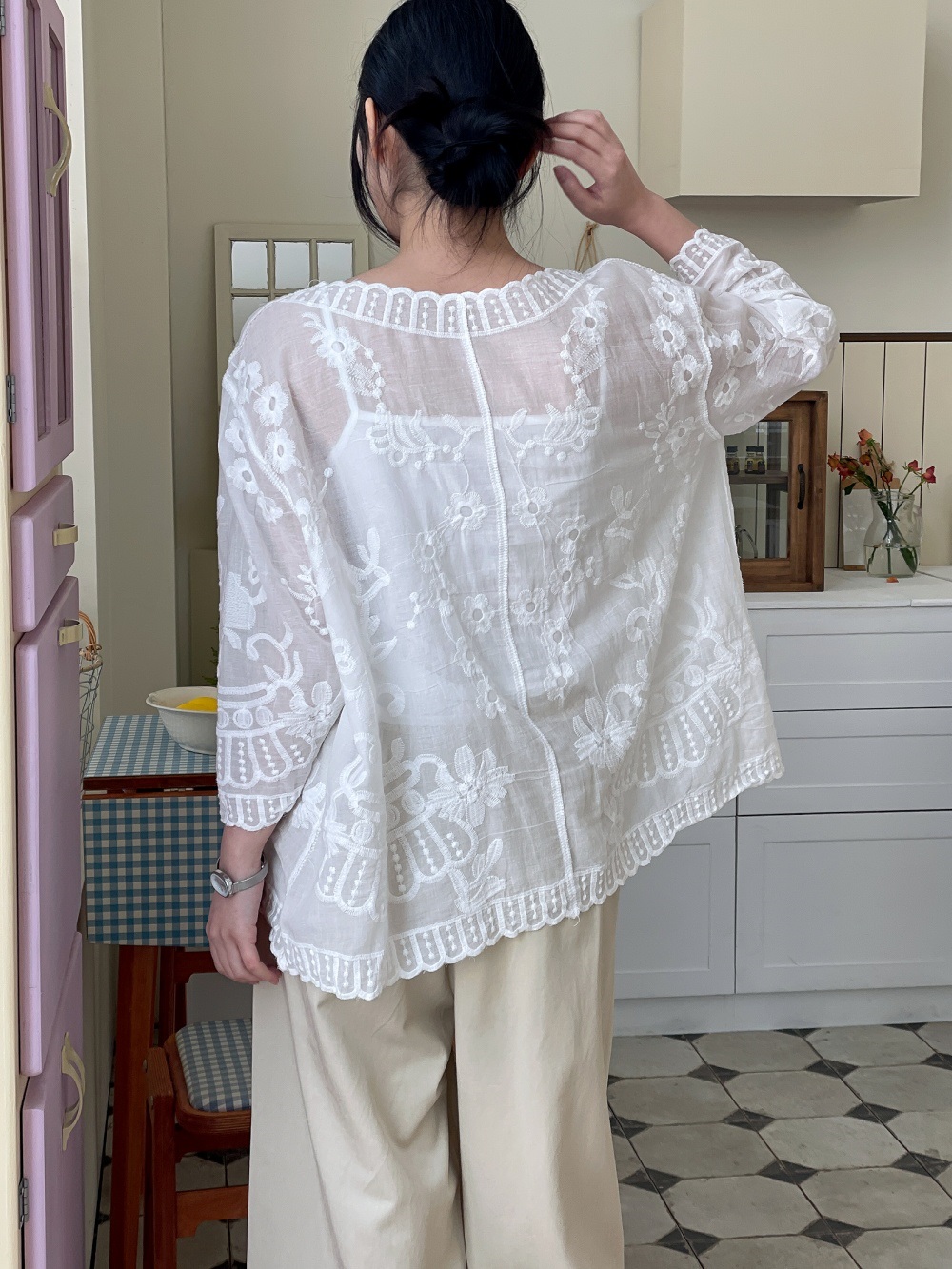 コットン花柄レースボタンVネックメロウ長袖ブラウス | 詳細画像7