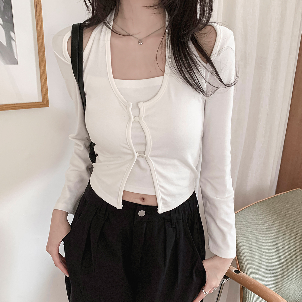 ホルターネックレイヤード風長袖オフショルダーボタンスリムTシャツ
