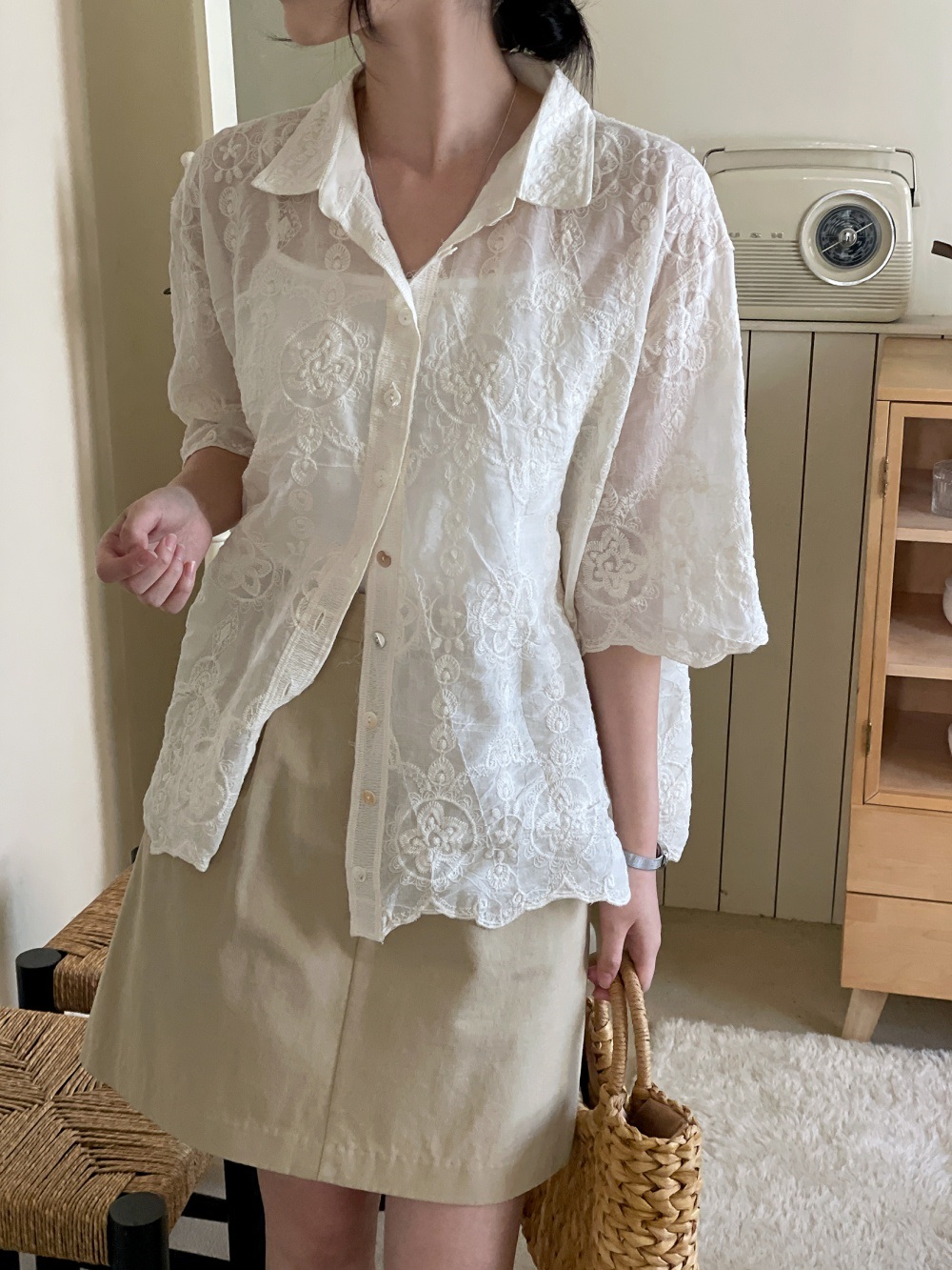 レースコットンボタンカラールーズ半袖ビッグブラウス | 詳細画像2