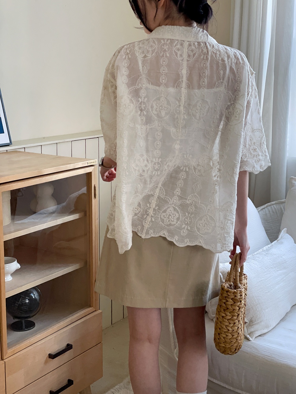 レースコットンボタンカラールーズ半袖ビッグブラウス | 詳細画像3